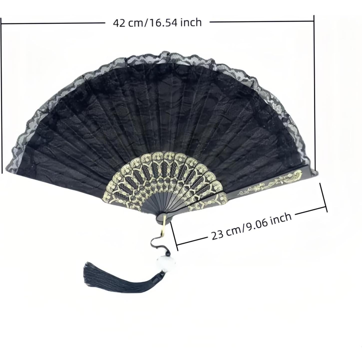 Abanico Plegable Vintage Chinshwehaw Negro con Encaje y Bordado