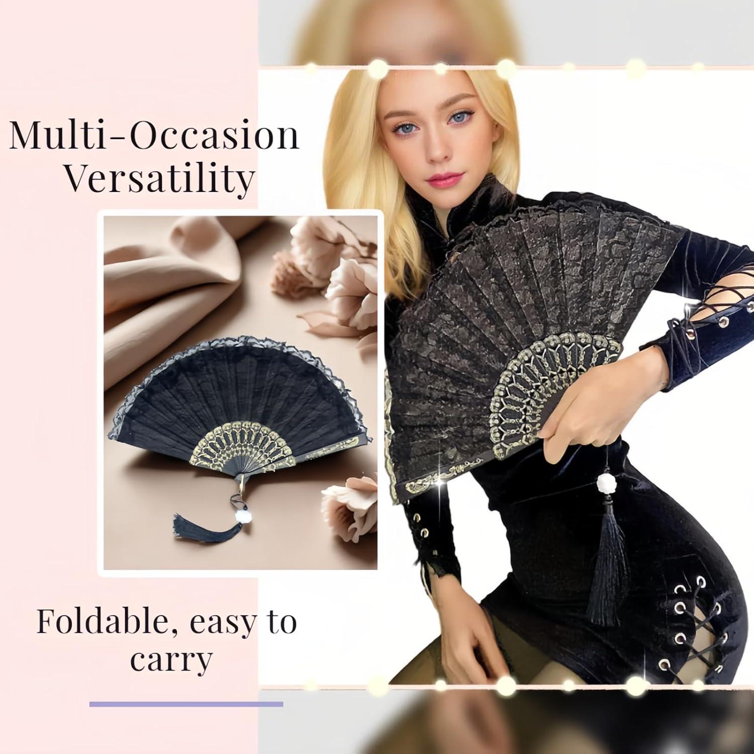 Abanico Plegable Vintage Chinshwehaw Negro con Encaje y Bordado