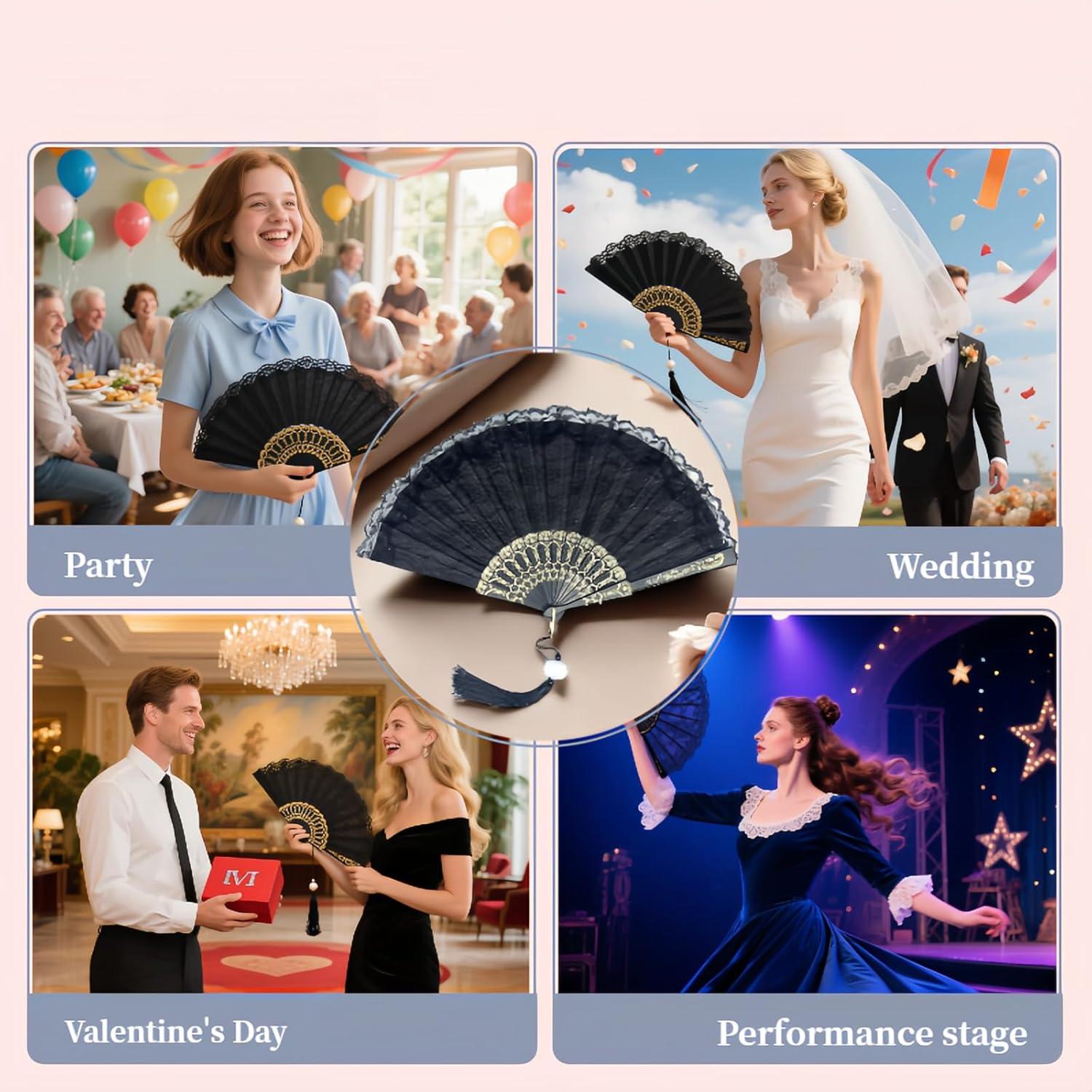 Abanico Plegable Vintage Chinshwehaw Negro con Encaje y Bordado