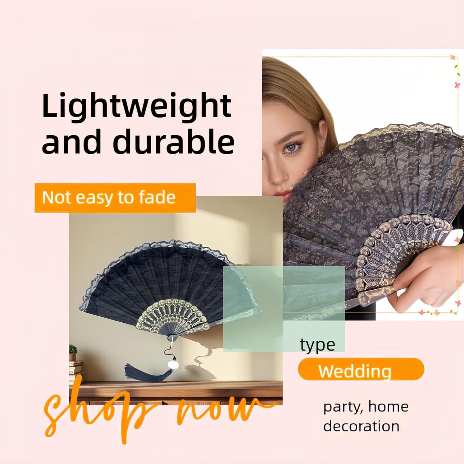 Abanico Plegable Vintage Chinshwehaw Negro con Encaje y Bordado