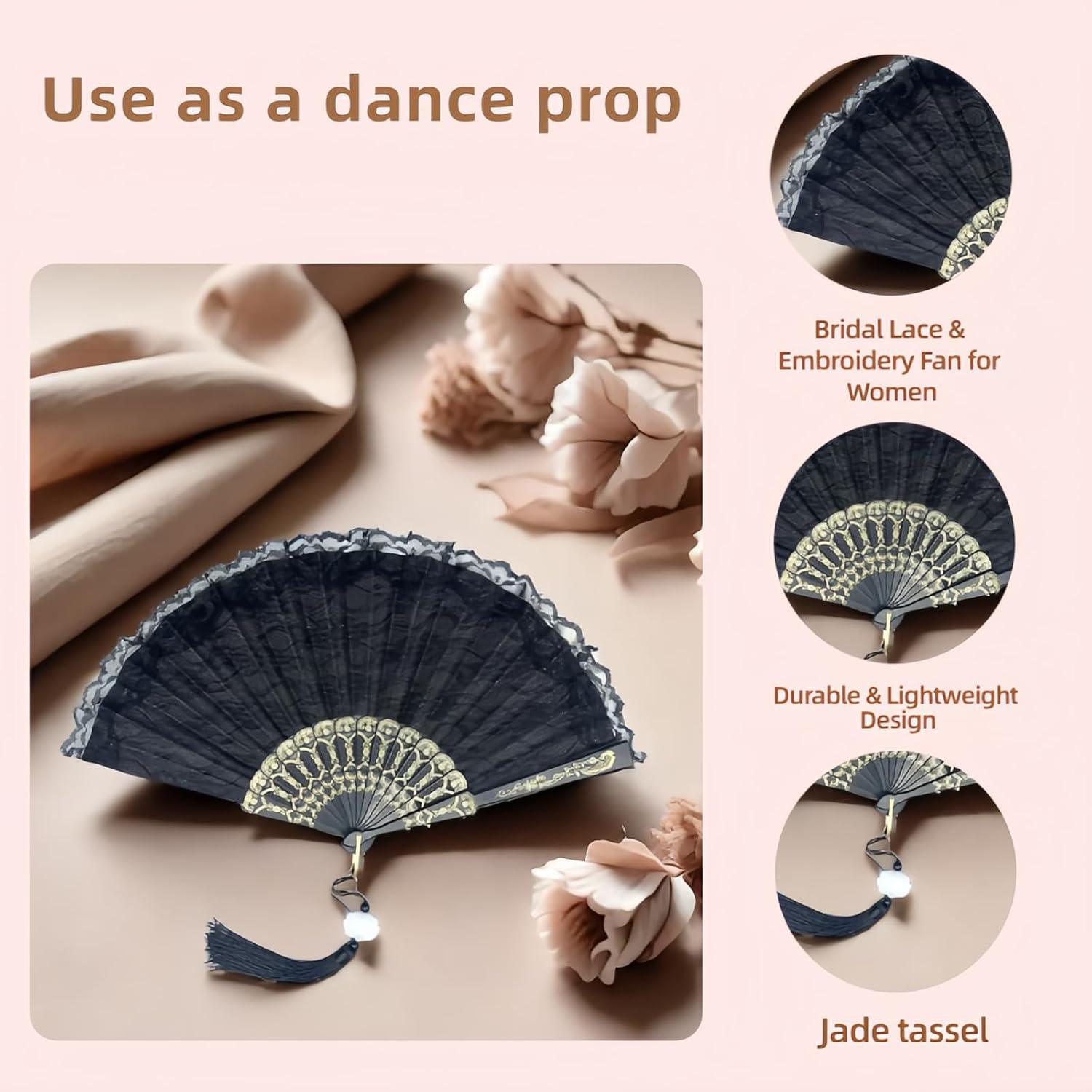 Abanico Plegable Vintage Chinshwehaw Negro con Encaje y Bordado