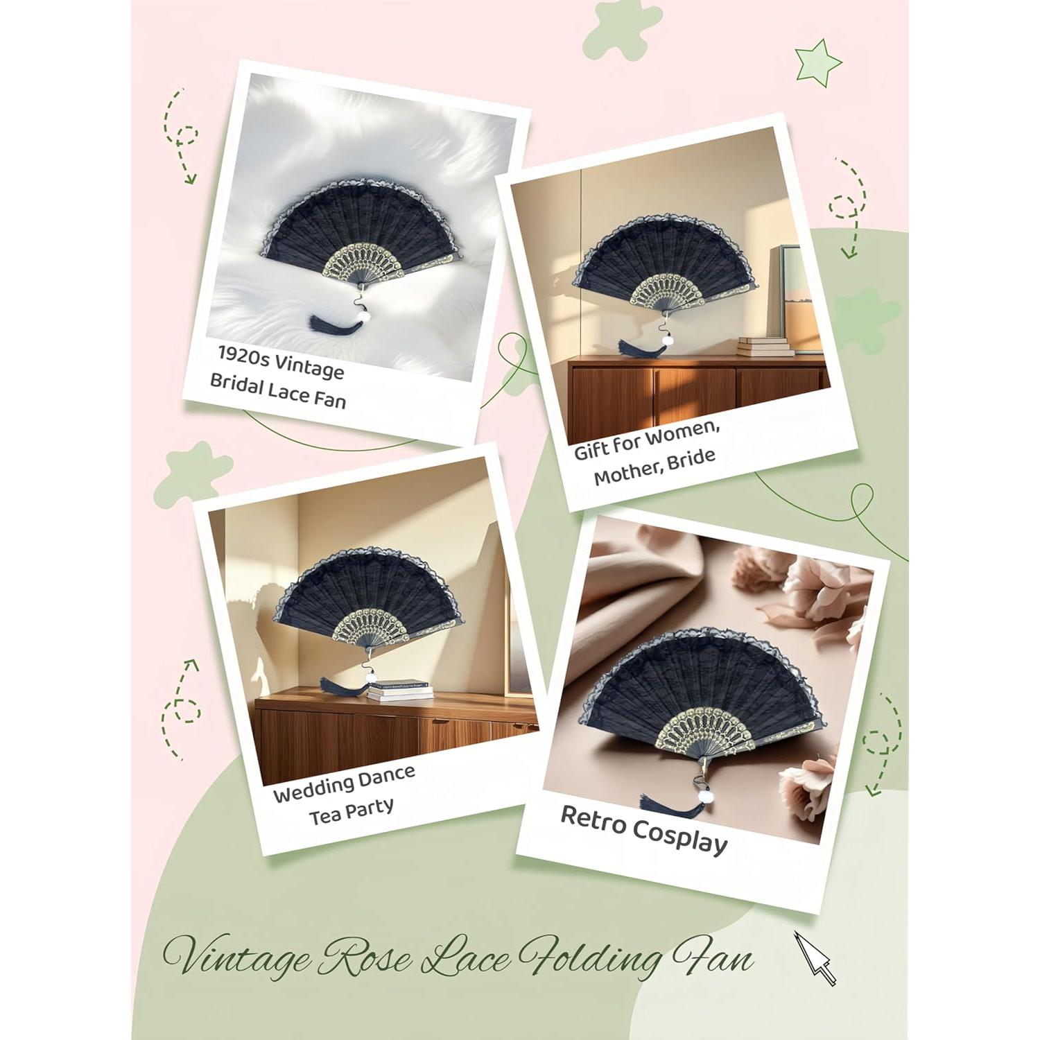 Abanico Plegable Vintage Chinshwehaw Negro con Encaje y Bordado