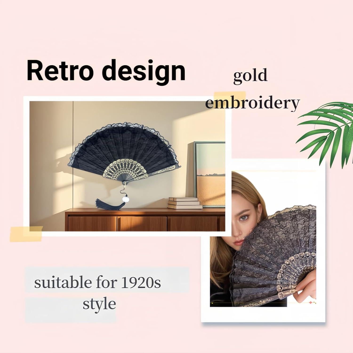 Abanico Plegable Vintage Chinshwehaw Negro con Encaje y Bordado