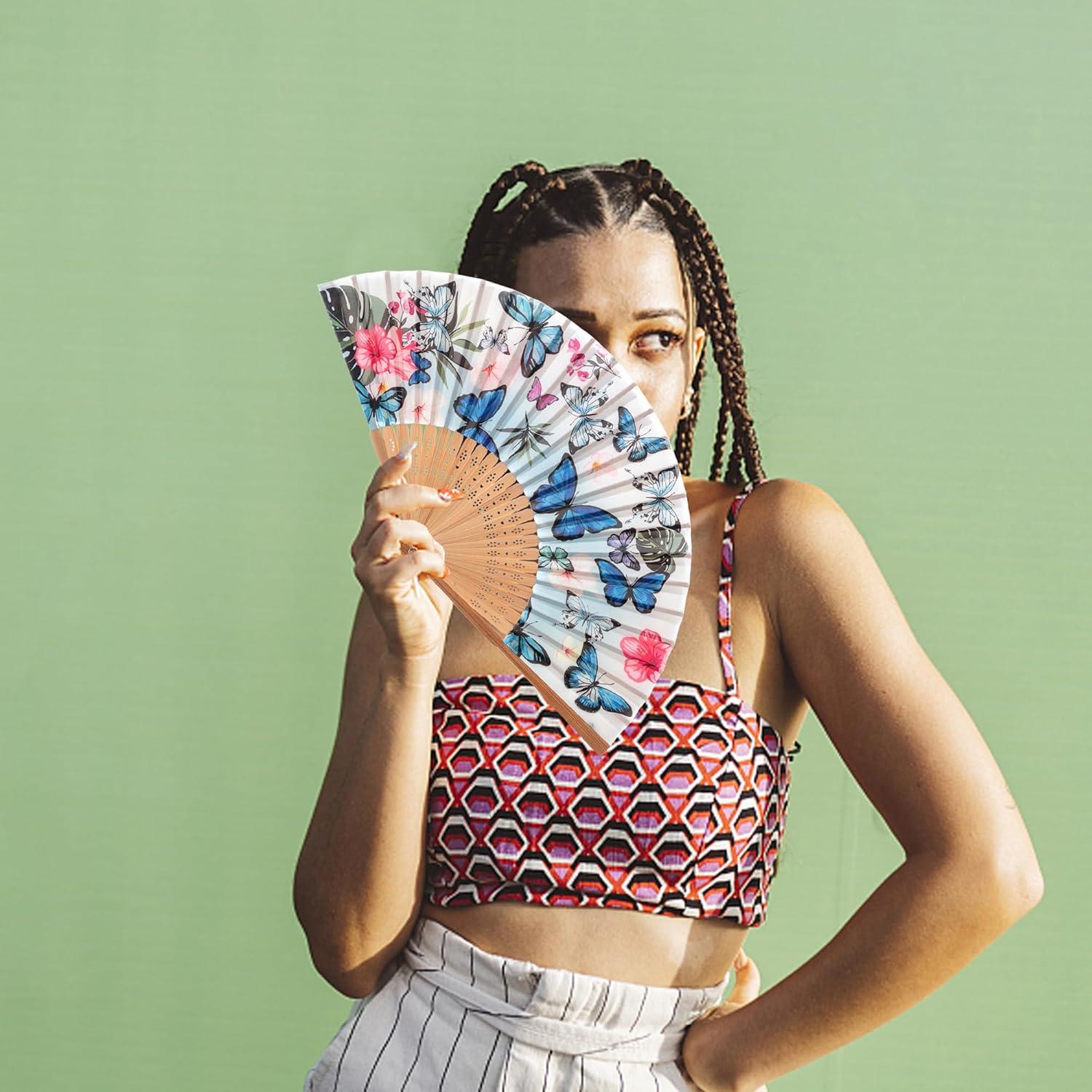 Abanico de Bambú Salutto Mariposa Azul 22.86 cm Reutilizable