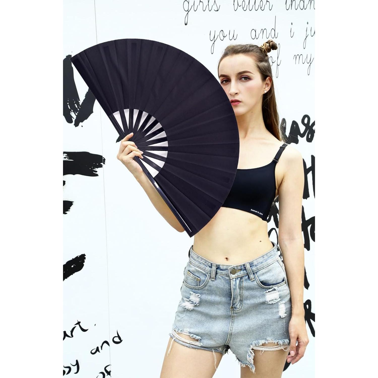 Abanico Plegable Grande Amajiji Negro 2 Pcs 33x64.8 cm