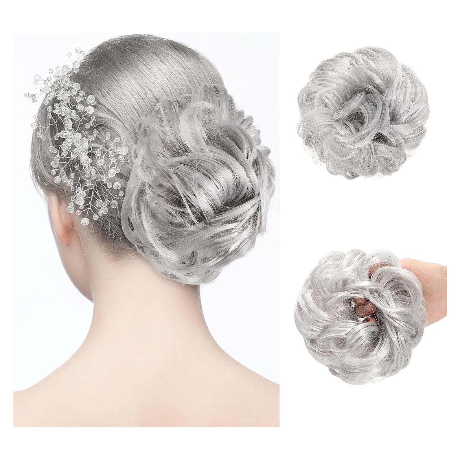 Moño Ondulado Gris Pwsap con Diademas y Horquillas - 33g