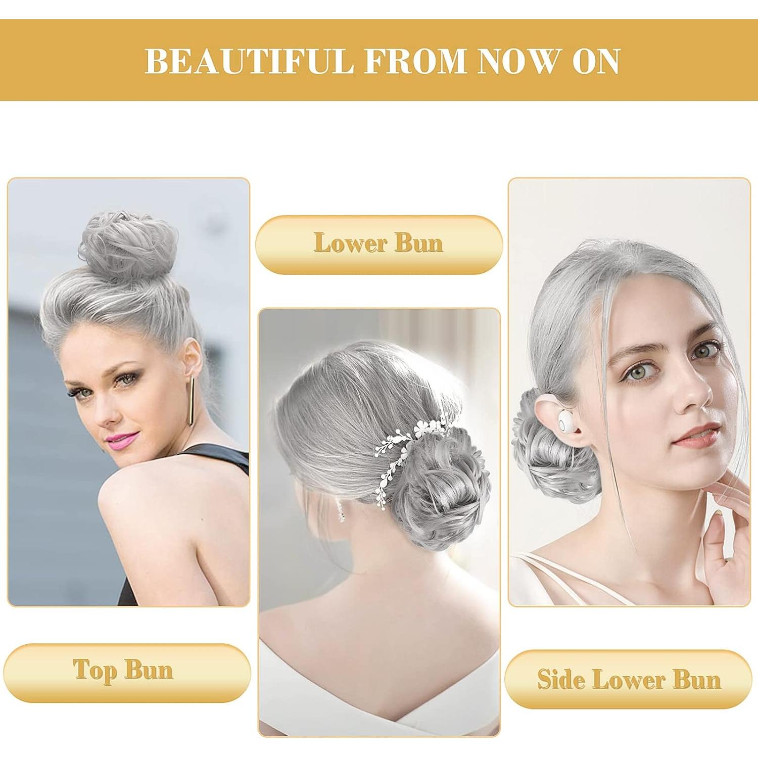 Moño Ondulado Gris Pwsap con Diademas y Horquillas - 33g