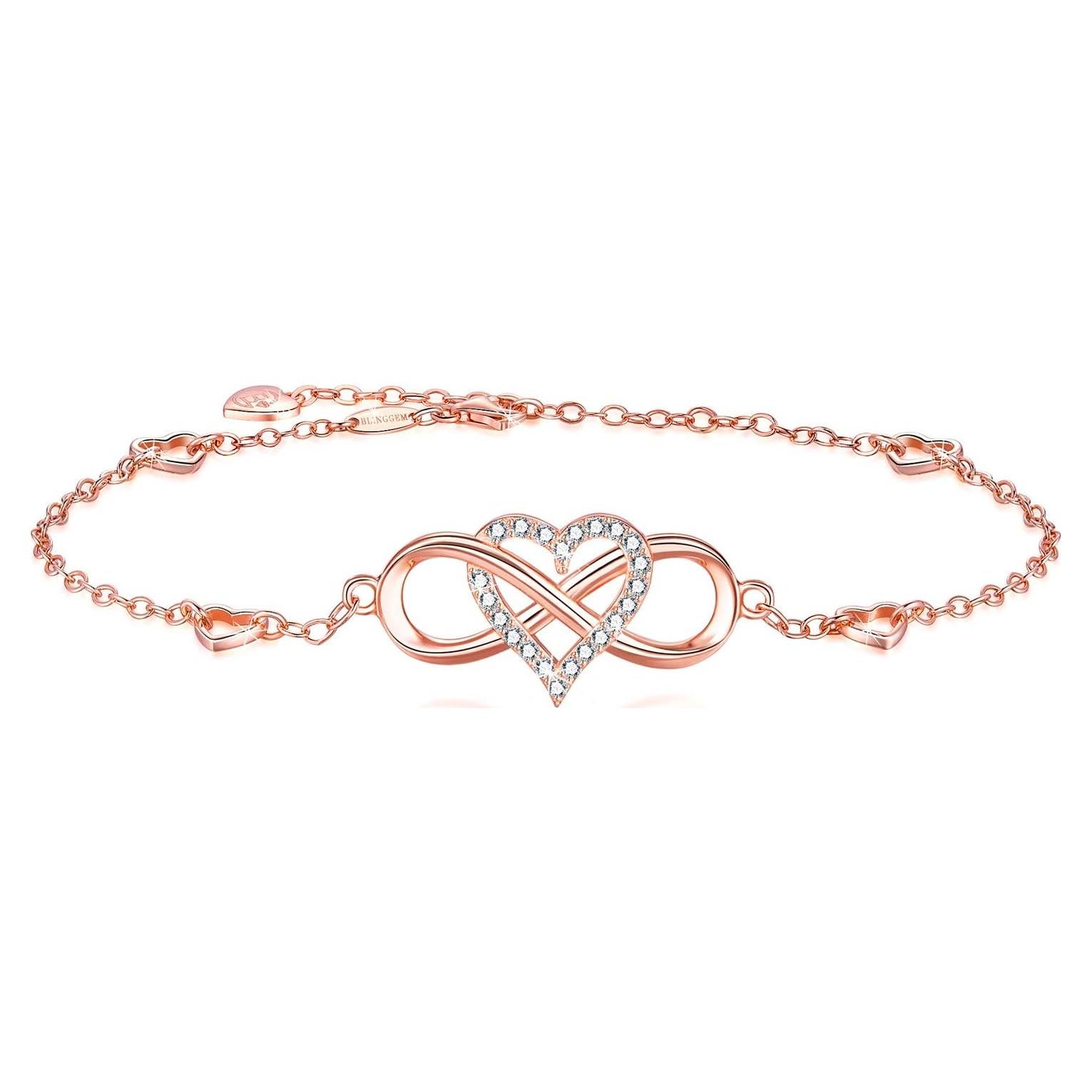 Tobillera de Plata Esterlina 925 Oro Rosa BlingGem Corazón Infinito