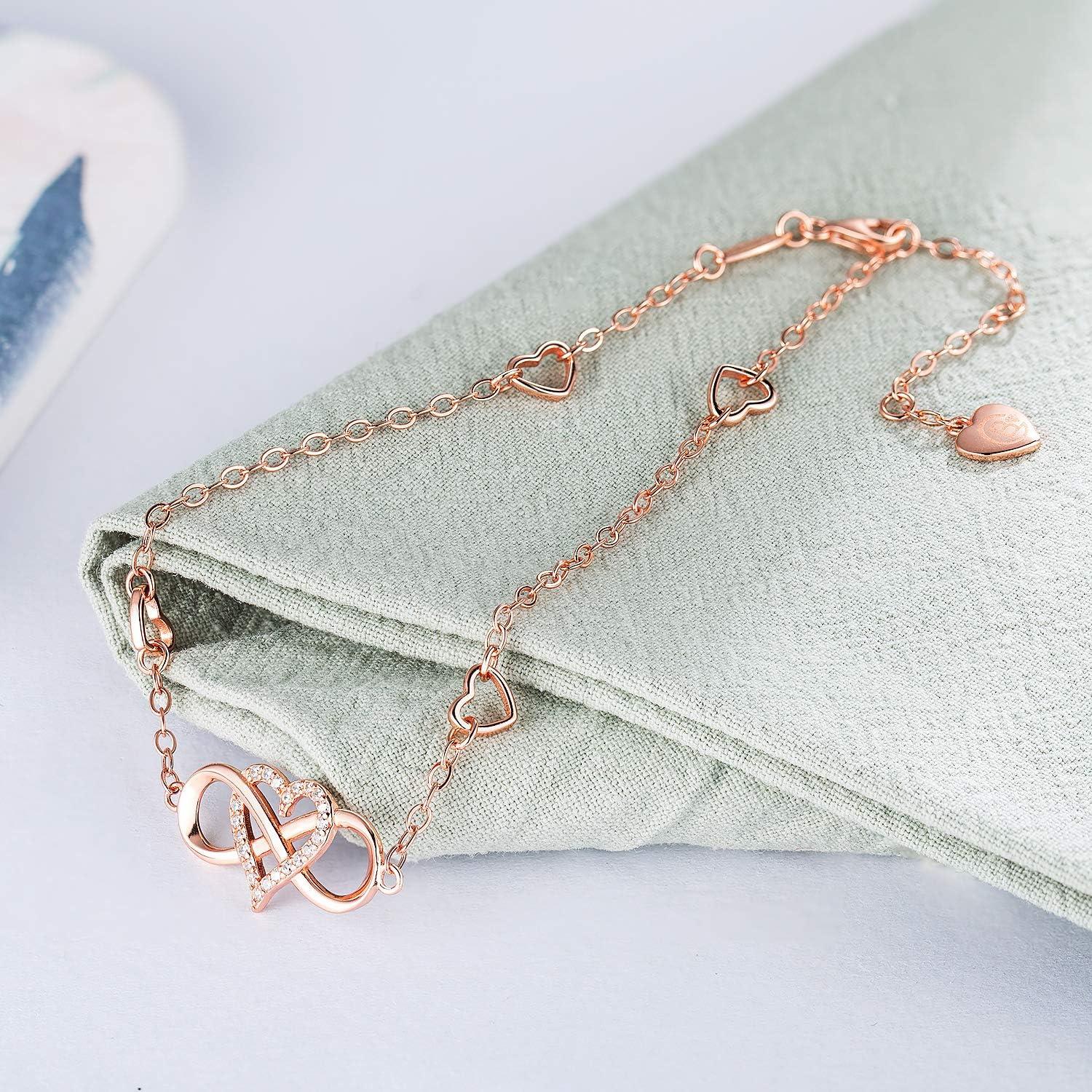 Tobillera de Plata Esterlina 925 Oro Rosa BlingGem Corazón Infinito