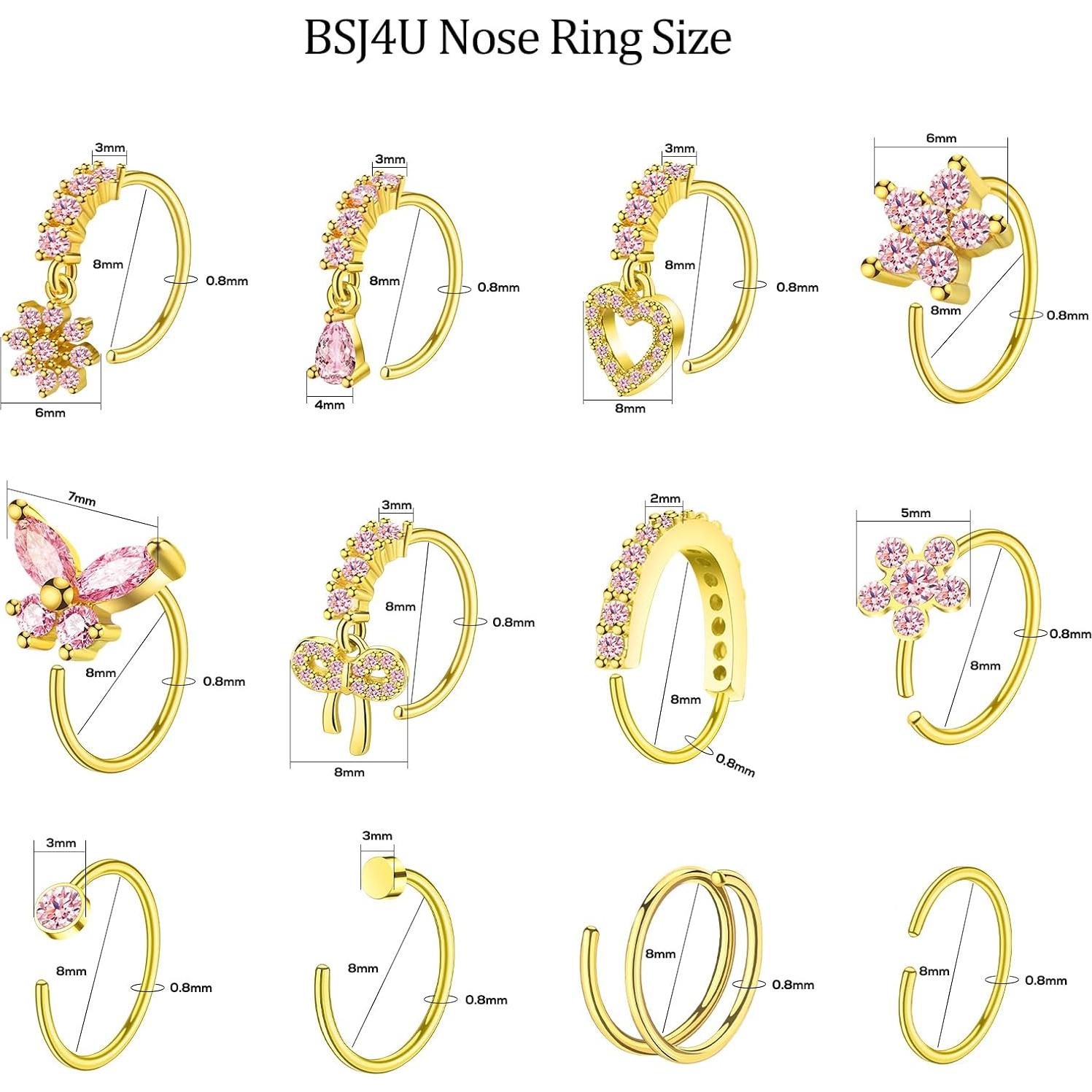 Aros de Nariz para Mujeres BSJ4U 20G Acero Inoxidable 12 Piezas