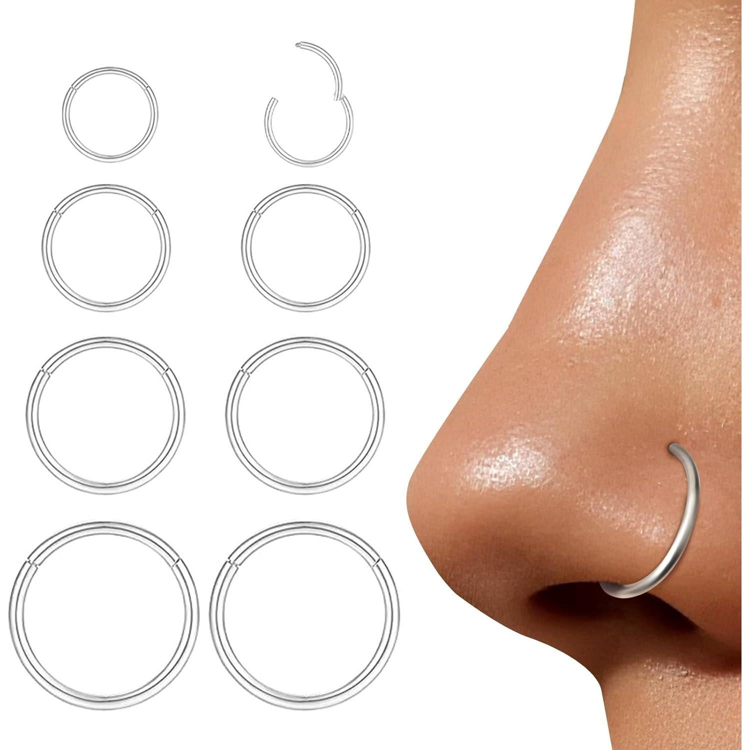 Juego de 8 Aros Nasales 18G Acero Inoxidable Hipoalergénico