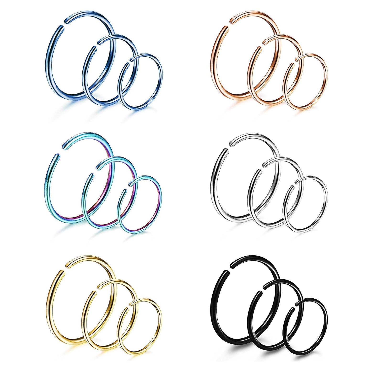 LOYALLOOK 18/24Pcs Hypoallergenic Nose Rings Hoops 316L Surgical Stainless Steel Lightweight Small Piercing Jewelry for Women Men Cartilage Tragus Helix