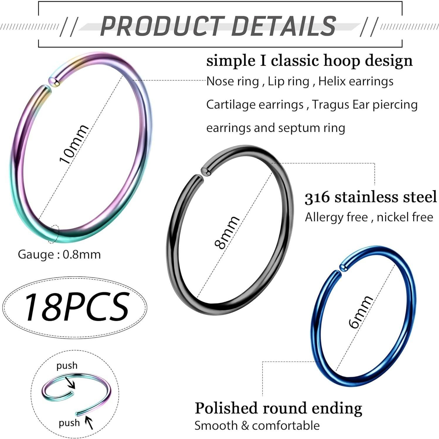 LOYALLOOK 18/24Pcs Hypoallergenic Nose Rings Hoops 316L Surgical Stainless Steel Lightweight Small Piercing Jewelry for Women Men Cartilage Tragus Helix