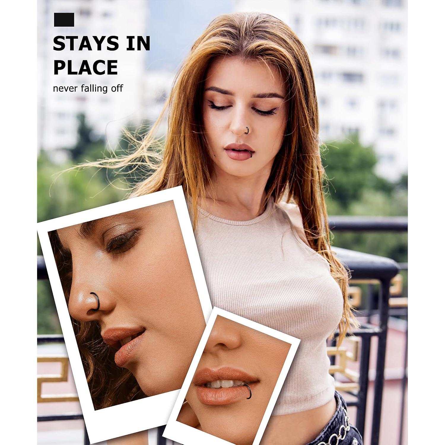 LOYALLOOK 18/24Pcs Hypoallergenic Nose Rings Hoops 316L Surgical Stainless Steel Lightweight Small Piercing Jewelry for Women Men Cartilage Tragus Helix