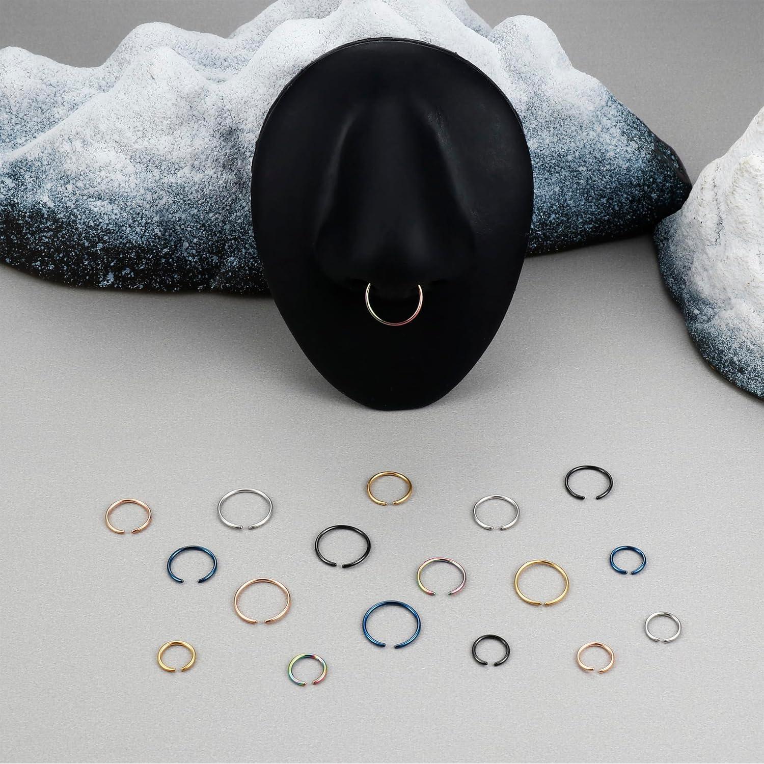 LOYALLOOK 18/24Pcs Hypoallergenic Nose Rings Hoops 316L Surgical Stainless Steel Lightweight Small Piercing Jewelry for Women Men Cartilage Tragus Helix