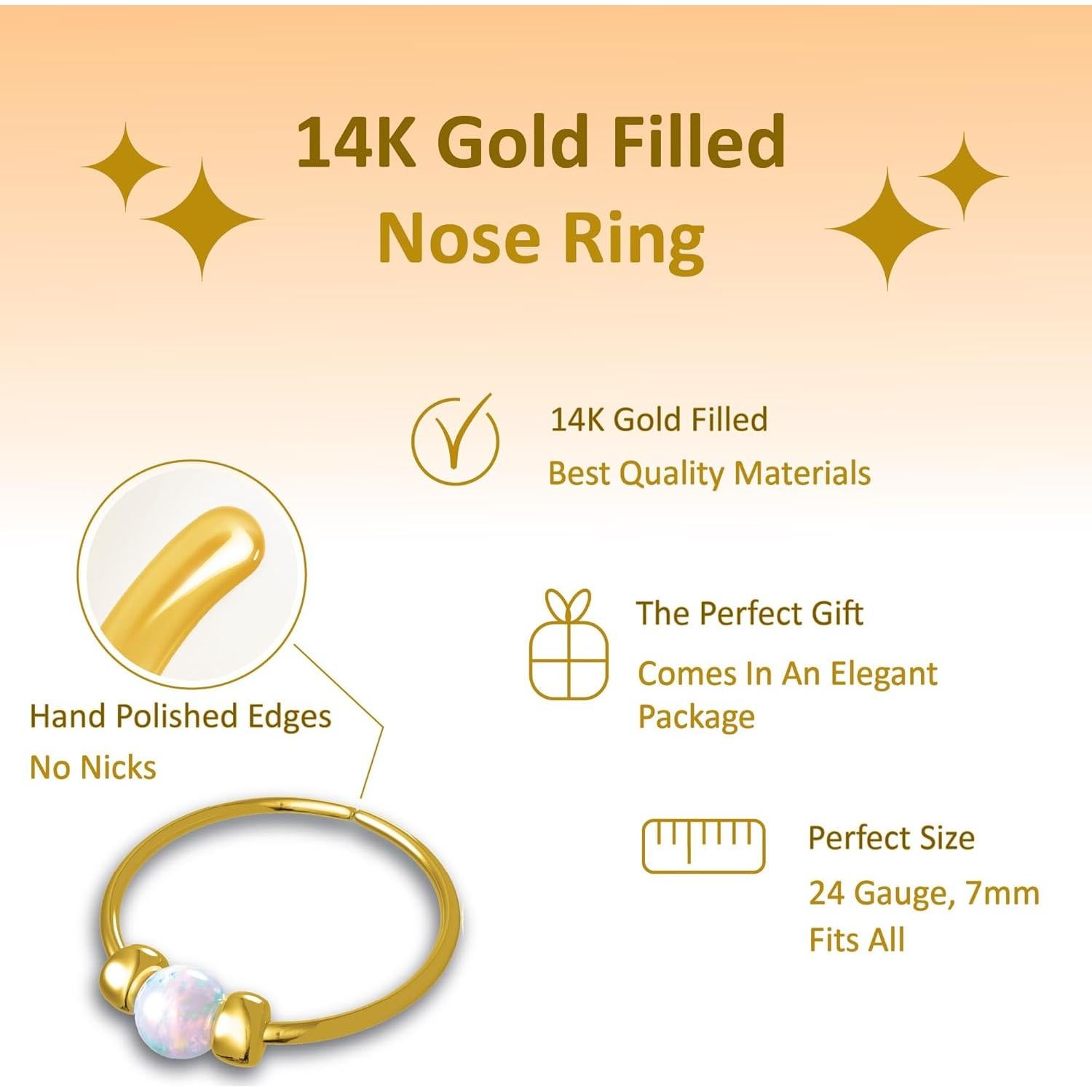 Anillo de Nariz de Oro 14k con Ópalo Blanco 7mm - Hecho a Mano