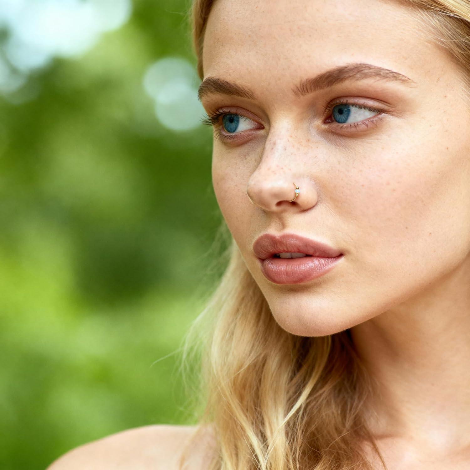 Anillo de Nariz de Oro 14k con Ópalo Blanco 7mm - Hecho a Mano