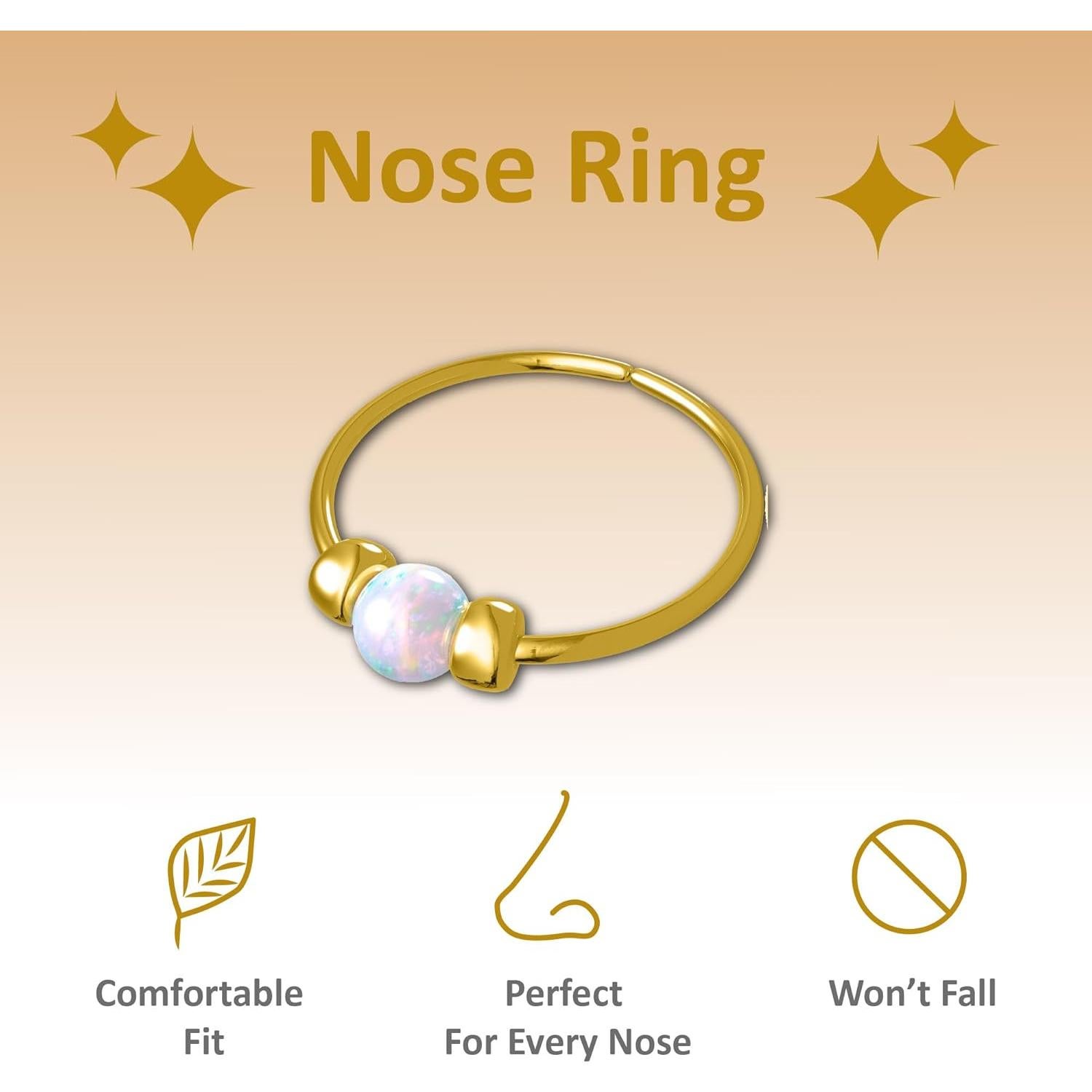 Anillo de Nariz de Oro 14k con Ópalo Blanco 7mm - Hecho a Mano