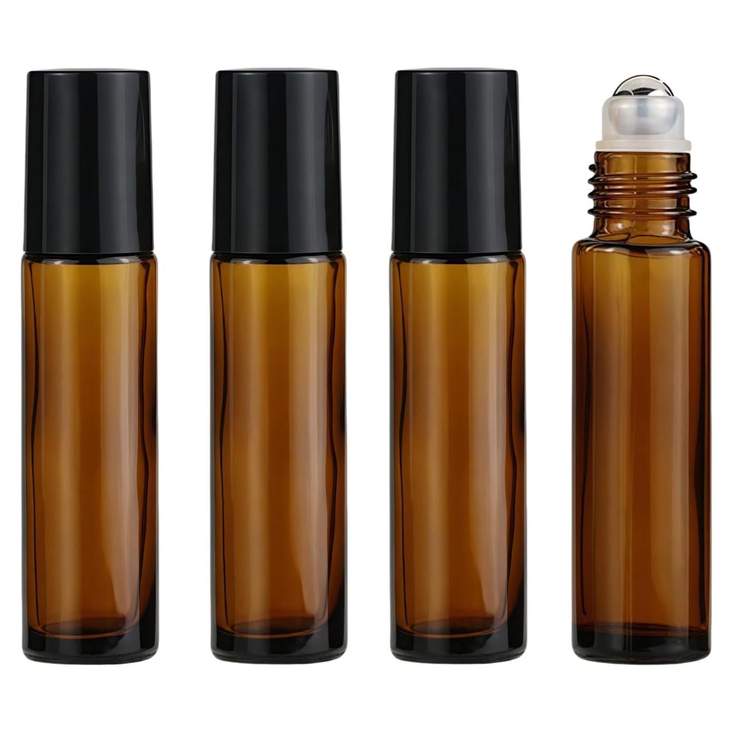 Paquete de 4 Botellas Rodantes de Vidrio Ámbar 10ml Jizlan