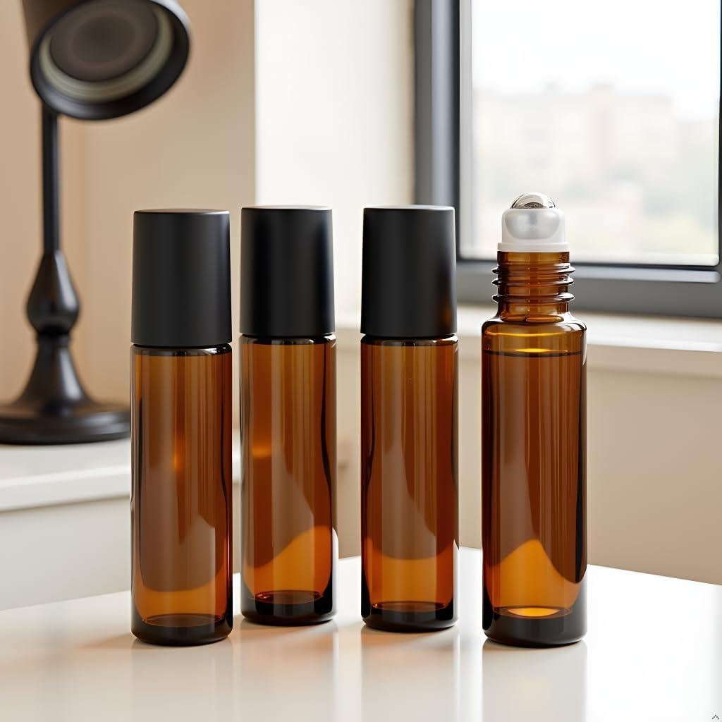 Paquete de 4 Botellas Rodantes de Vidrio Ámbar 10ml Jizlan