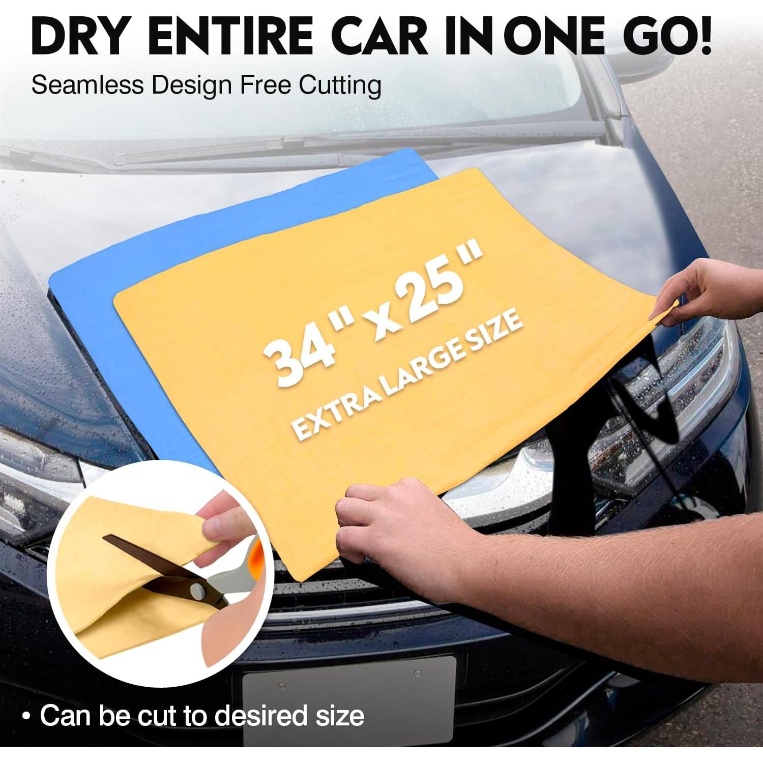 Premium Extra Large Shammy Cloth for Car Drying 2pk (34”x25”)-Super Absorbent XL Chamois Towel for Car-Reusable Shammy Towel for Car, Bathroom,Pets, Dust Remove, No Spots/Streak/Scratch