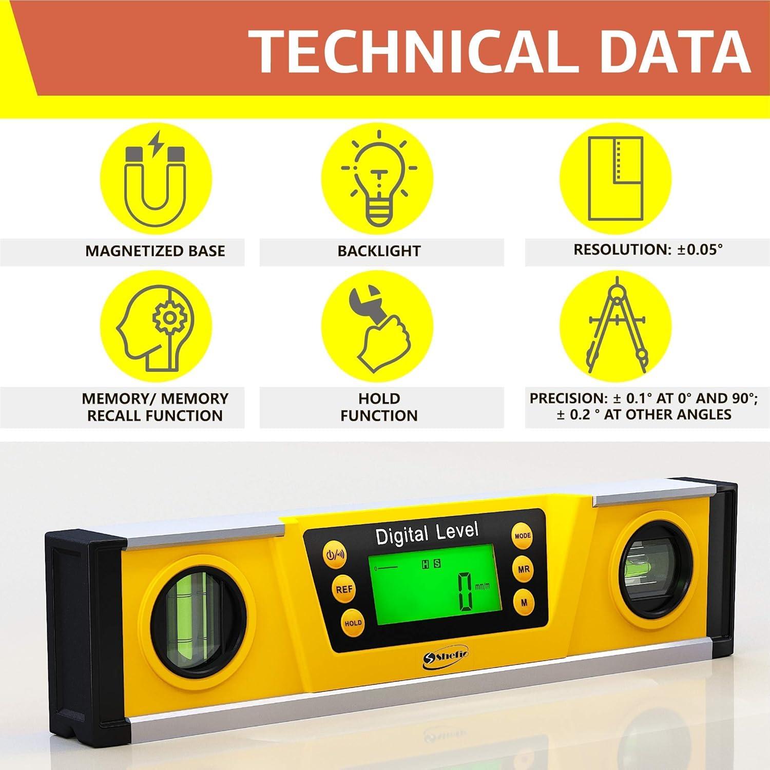 Nivel Digital Shefio 10 Pulgadas con Pantalla LCD y Base Magnética