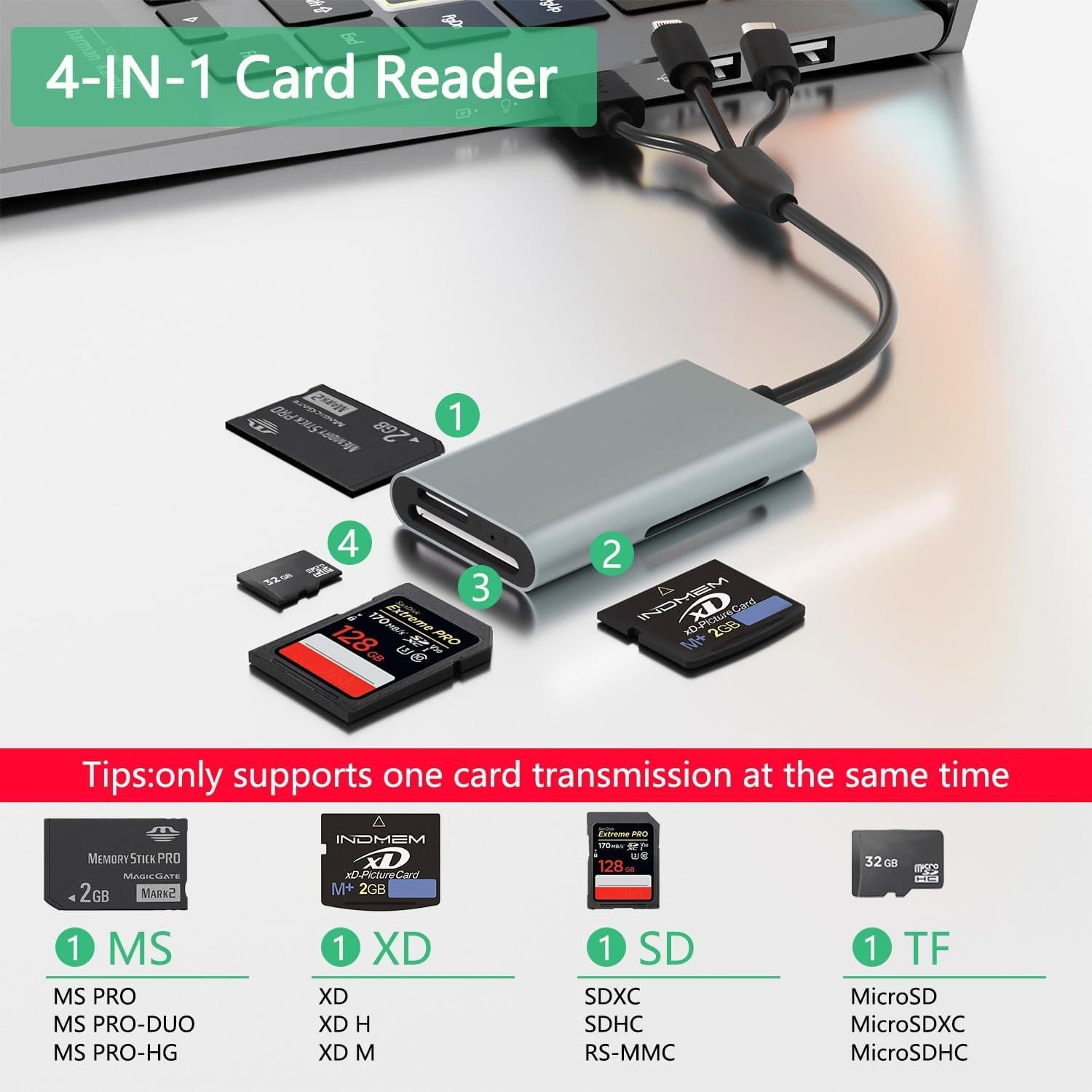 Lector de Tarjetas 4 en 1 Ardaddyn CR383-C USB-C/Lightning