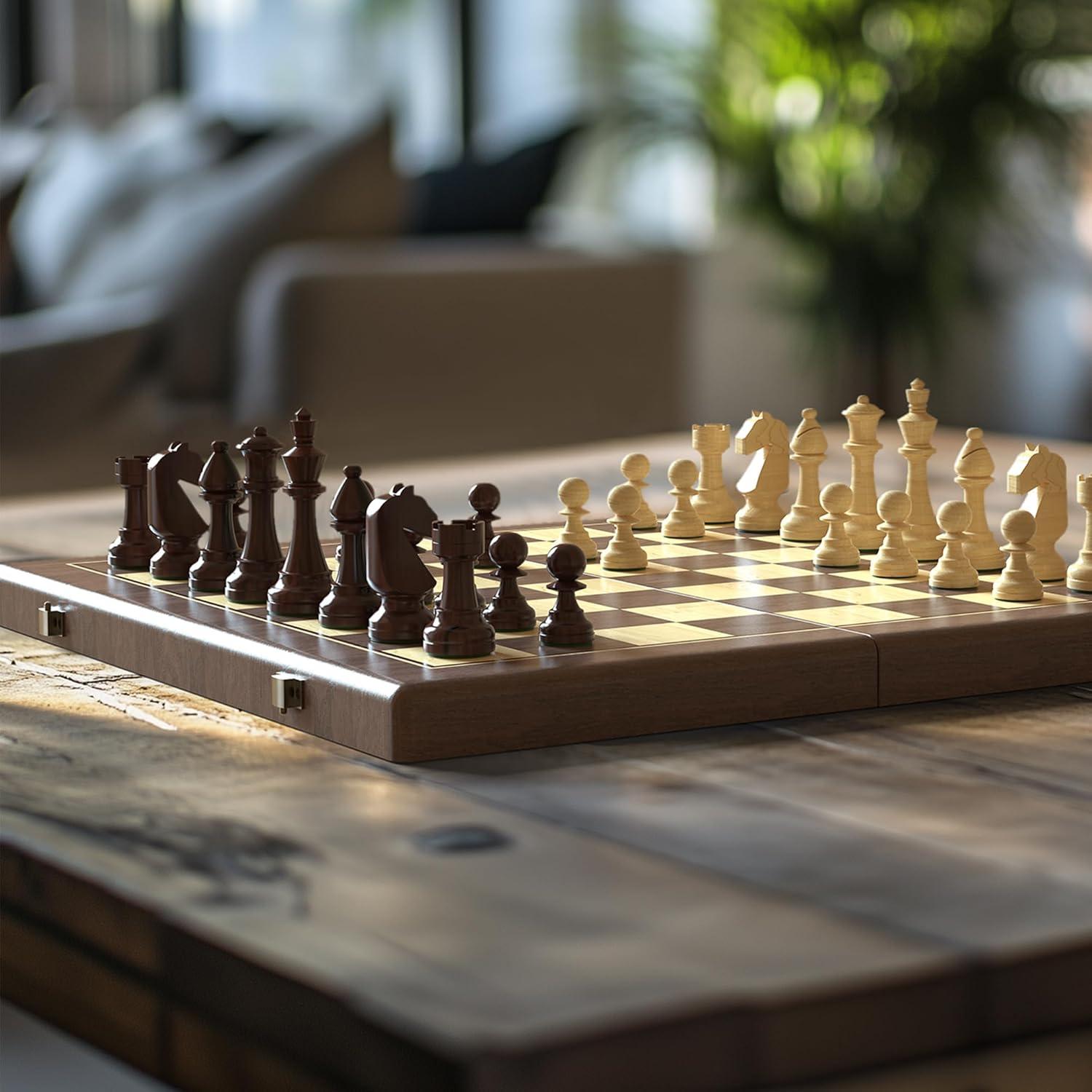 Juego de Ajedrez y Damas Magnético Puecrof 38 cm Madera Premium