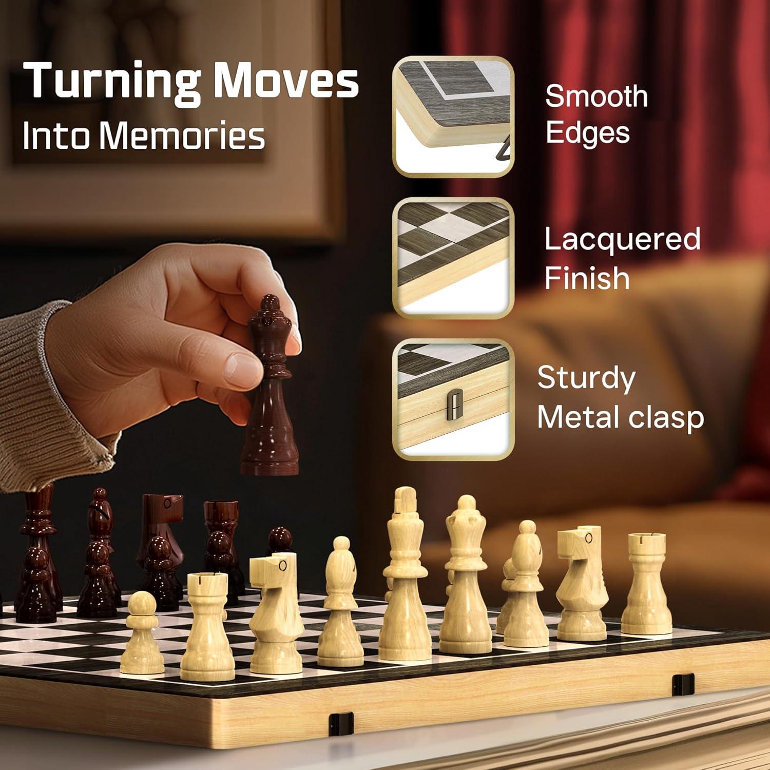 Juego de Ajedrez Magnético de Madera 15" - Almacenamiento y 2 Reinas Extra