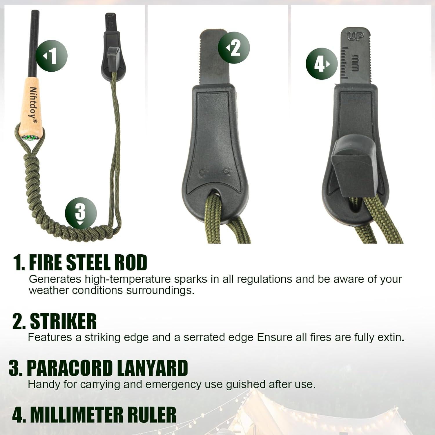 Ferro Rod Nihtdoy con Striker de Acero y Mango de Madera