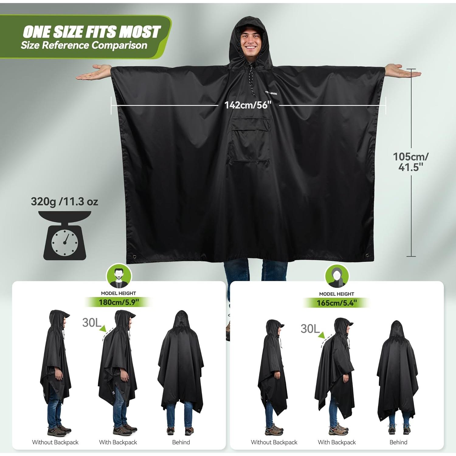 Poncho de Lluvia Impermeable TechRise Unisex con Capucha 210x142cm