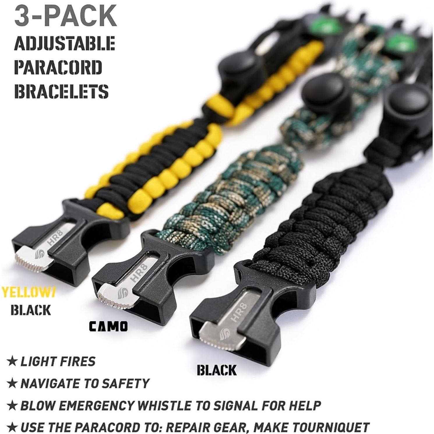 HR8 Pulsera de Supervivencia 3 Pack Paracord Unisex Adulto