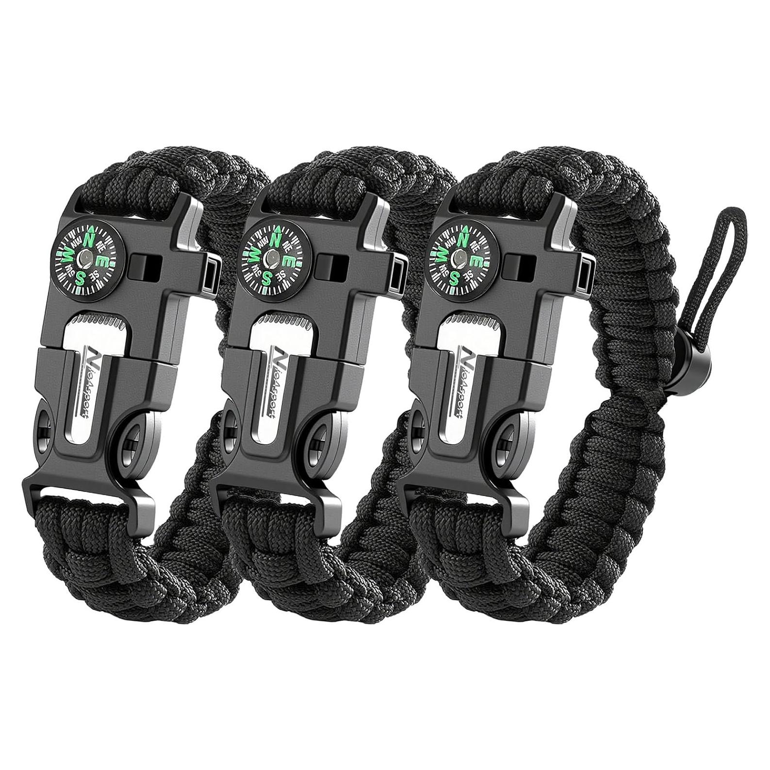 Pulsera de Supervivencia Paracord NVioAsport - 3 Piezas con Encendedor, Silbato y Brújula