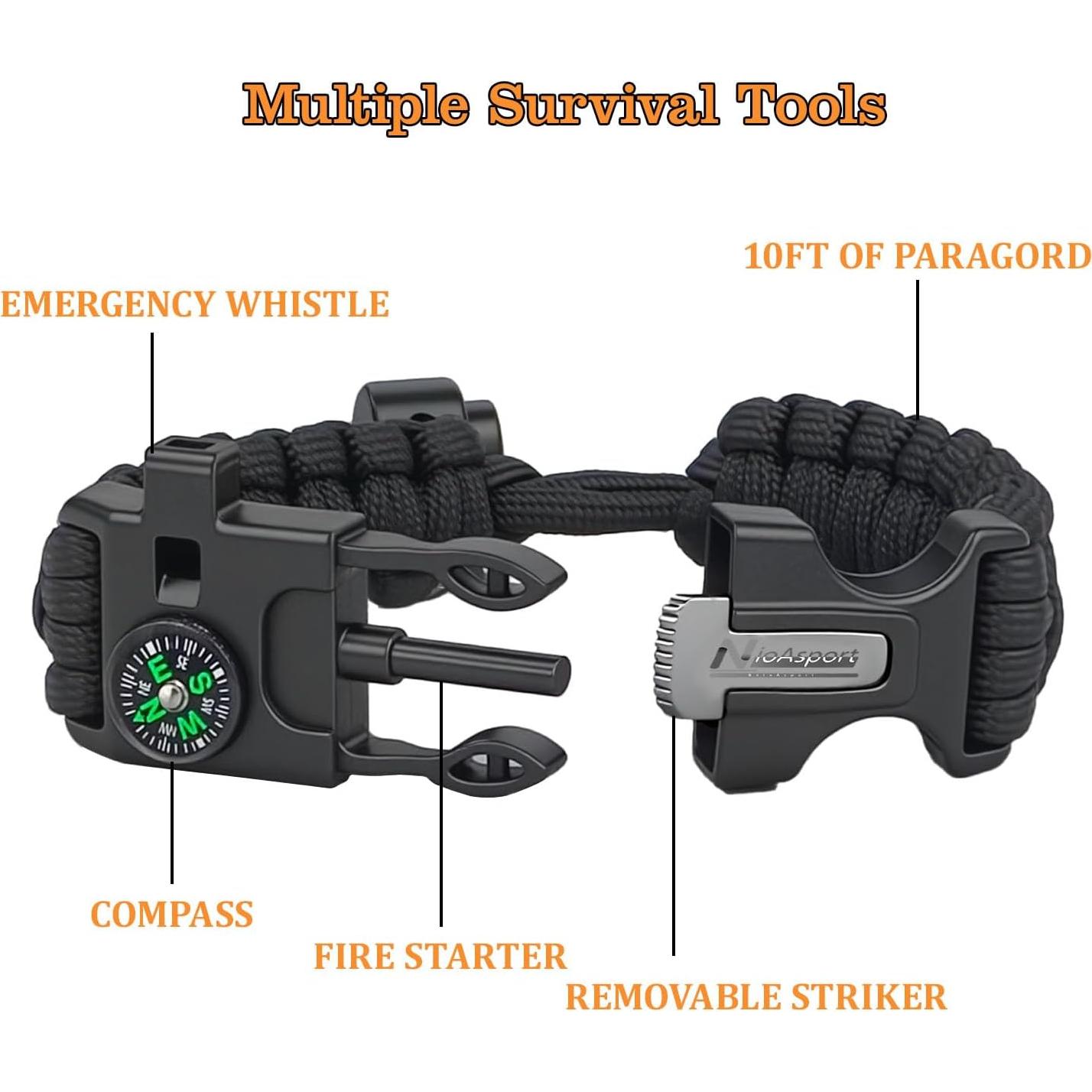Pulsera de Supervivencia Paracord NVioAsport - 3 Piezas con Encendedor, Silbato y Brújula