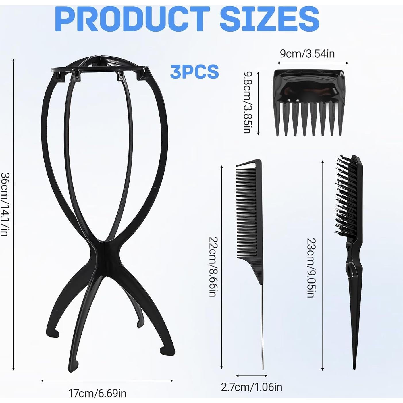 Paquete de 3 Soportes para Pelucas + 3 Peines - Negro