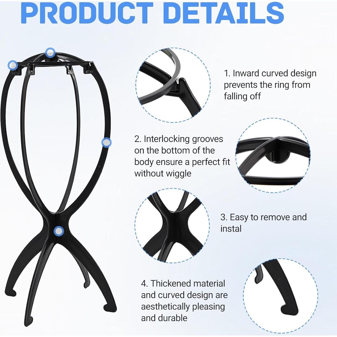 Paquete de 3 Soportes para Pelucas + 3 Peines - Negro