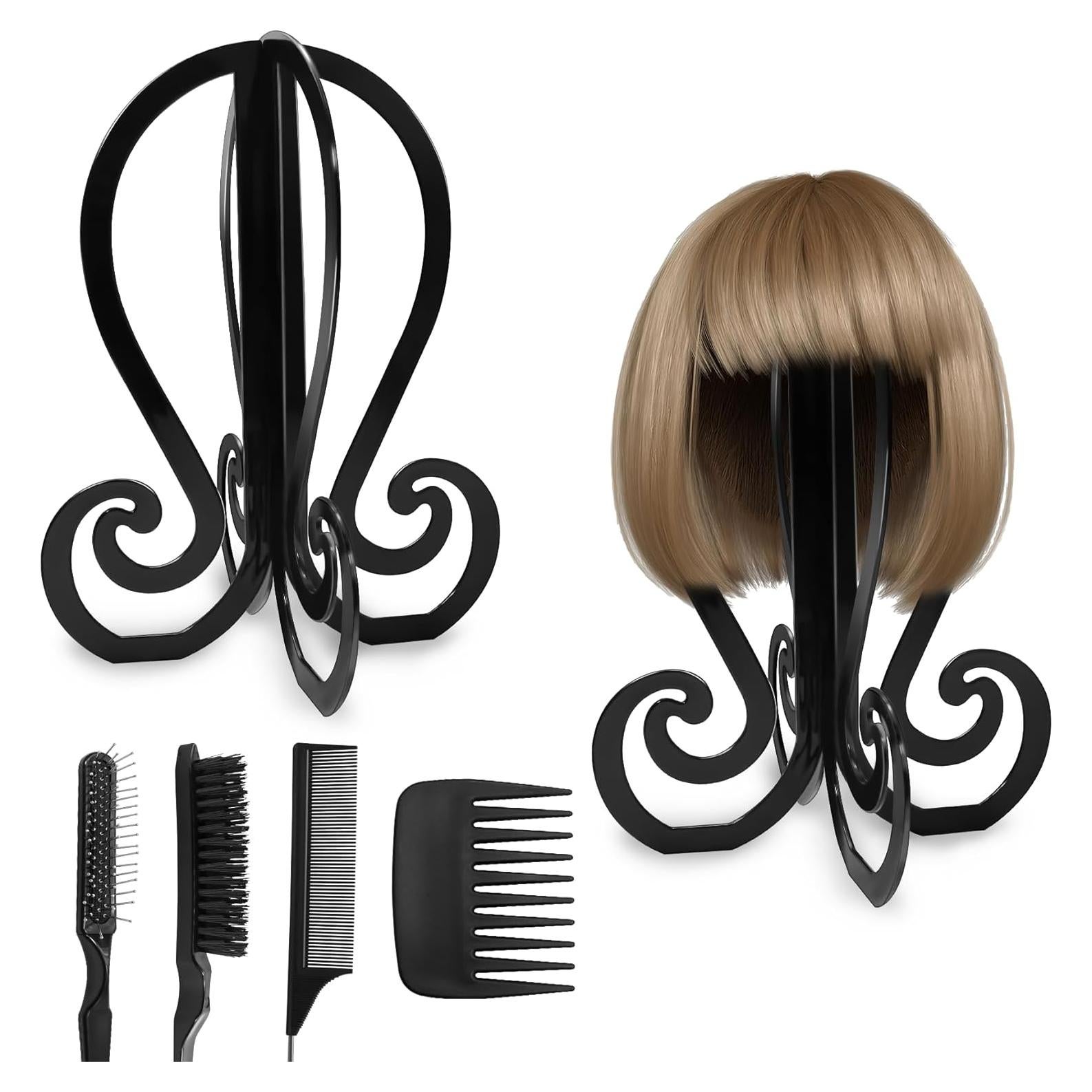 Set de 2 Soportes Plegables para Pelucas + 4 Cepillos - Negro