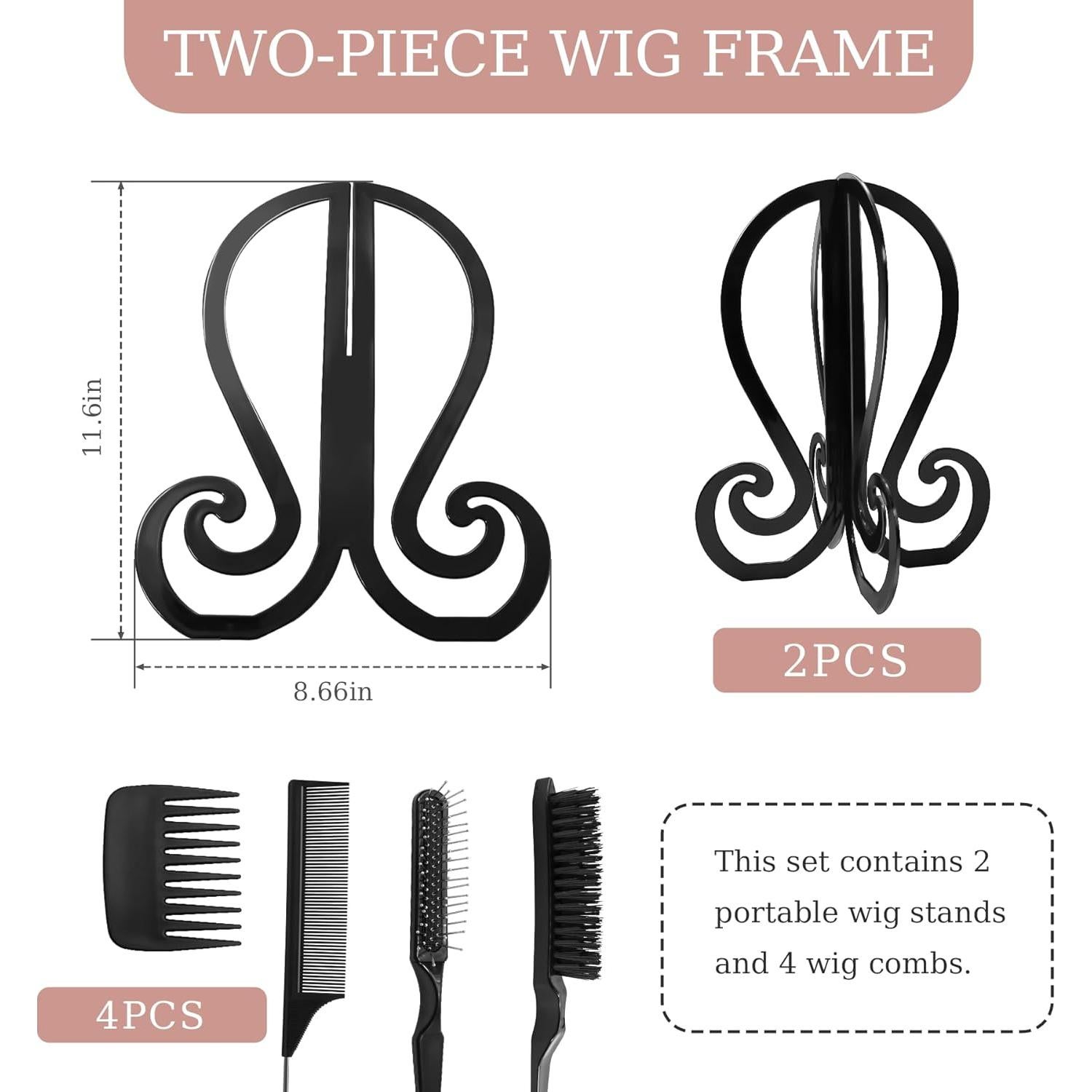 Set de 2 Soportes Plegables para Pelucas + 4 Cepillos - Negro
