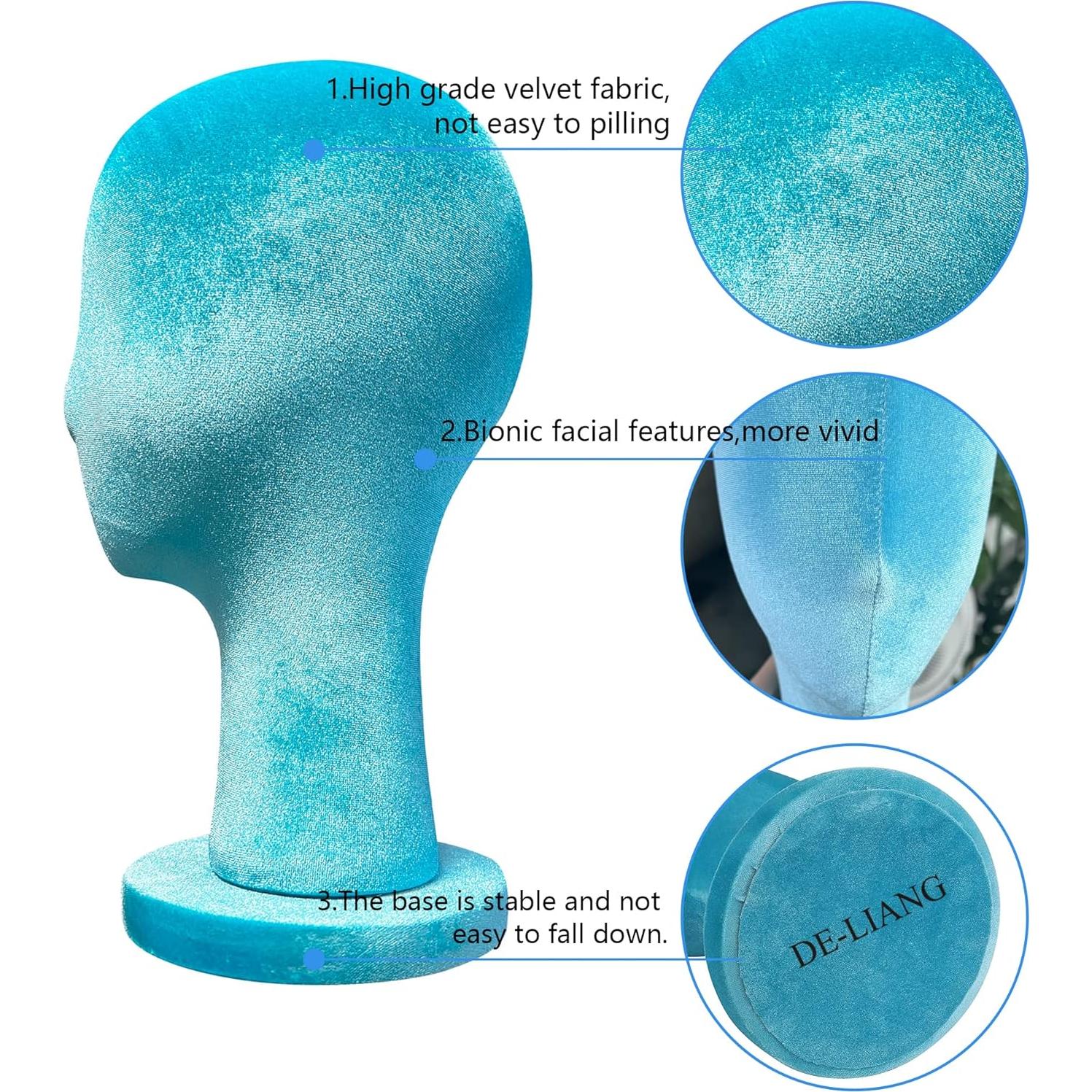 Cabeza de Maniquí de Terciopelo Azul DE-LIANG 35cm para Pelucas