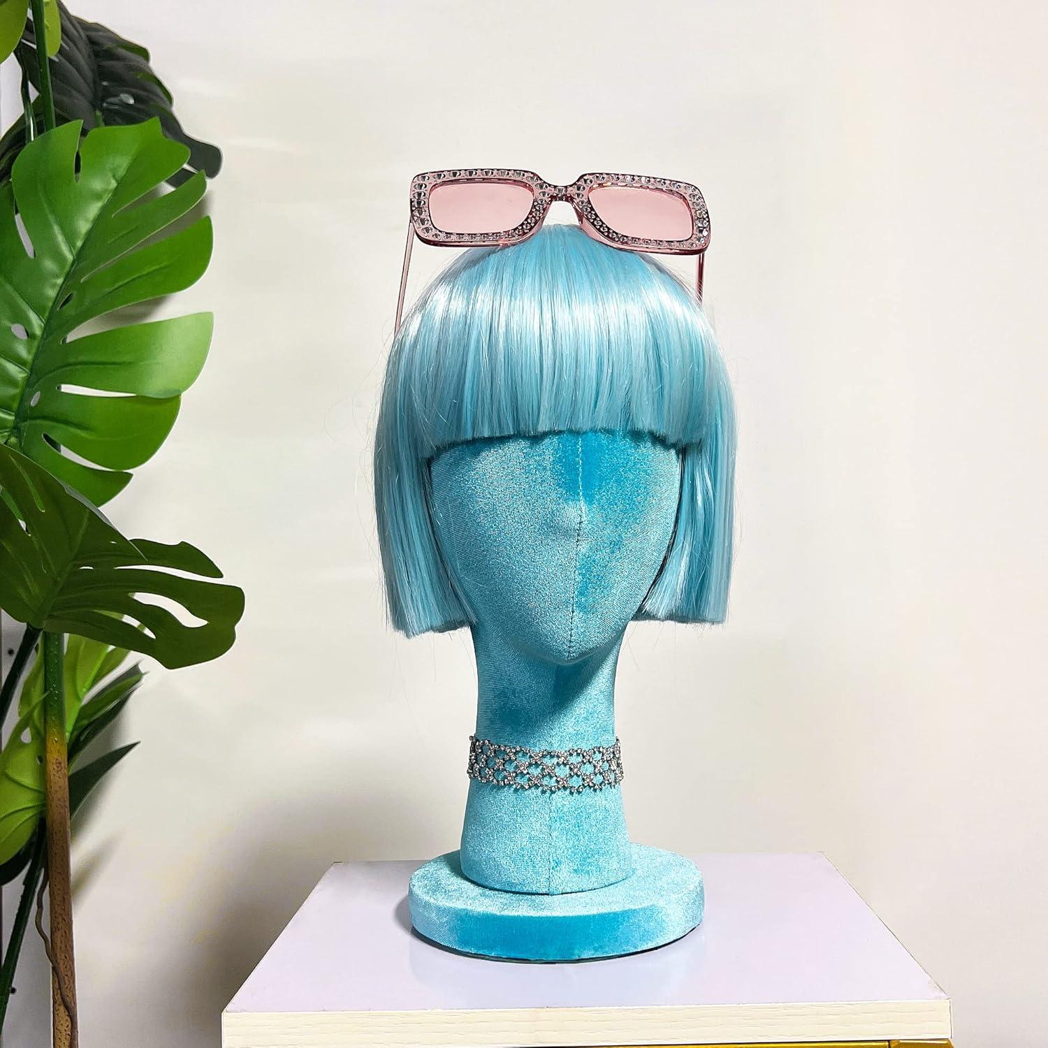 Cabeza de Maniquí de Terciopelo Azul DE-LIANG 35cm para Pelucas