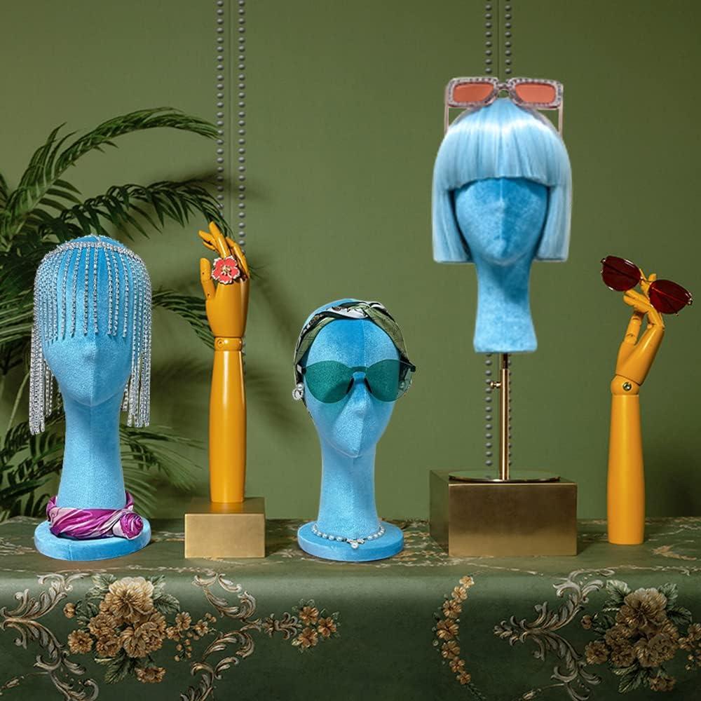 Cabeza de Maniquí de Terciopelo Azul DE-LIANG 35cm para Pelucas
