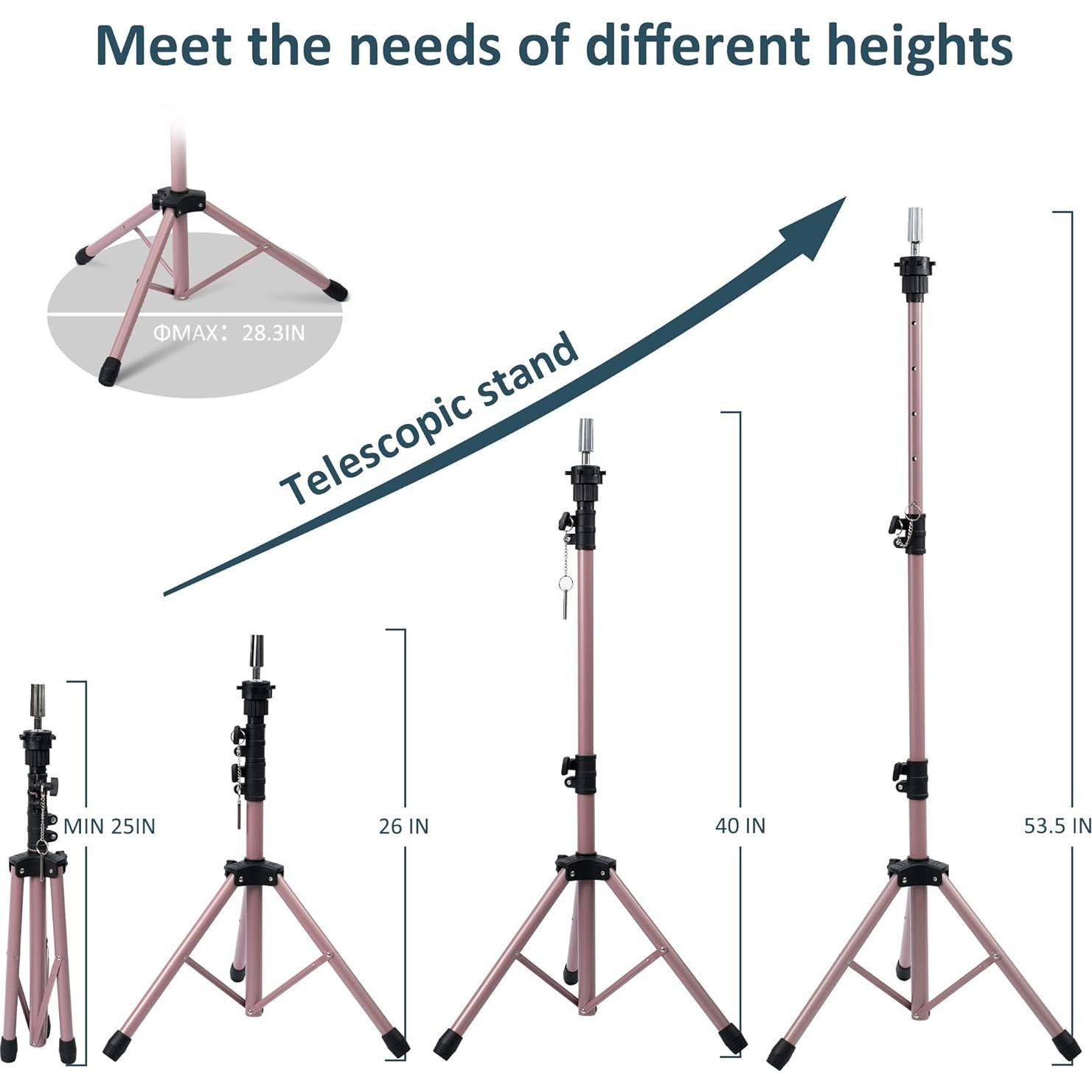 Soporte de Peluca Klvied Tripode Oro Rosa Ajustable 63.5-135.89 cm