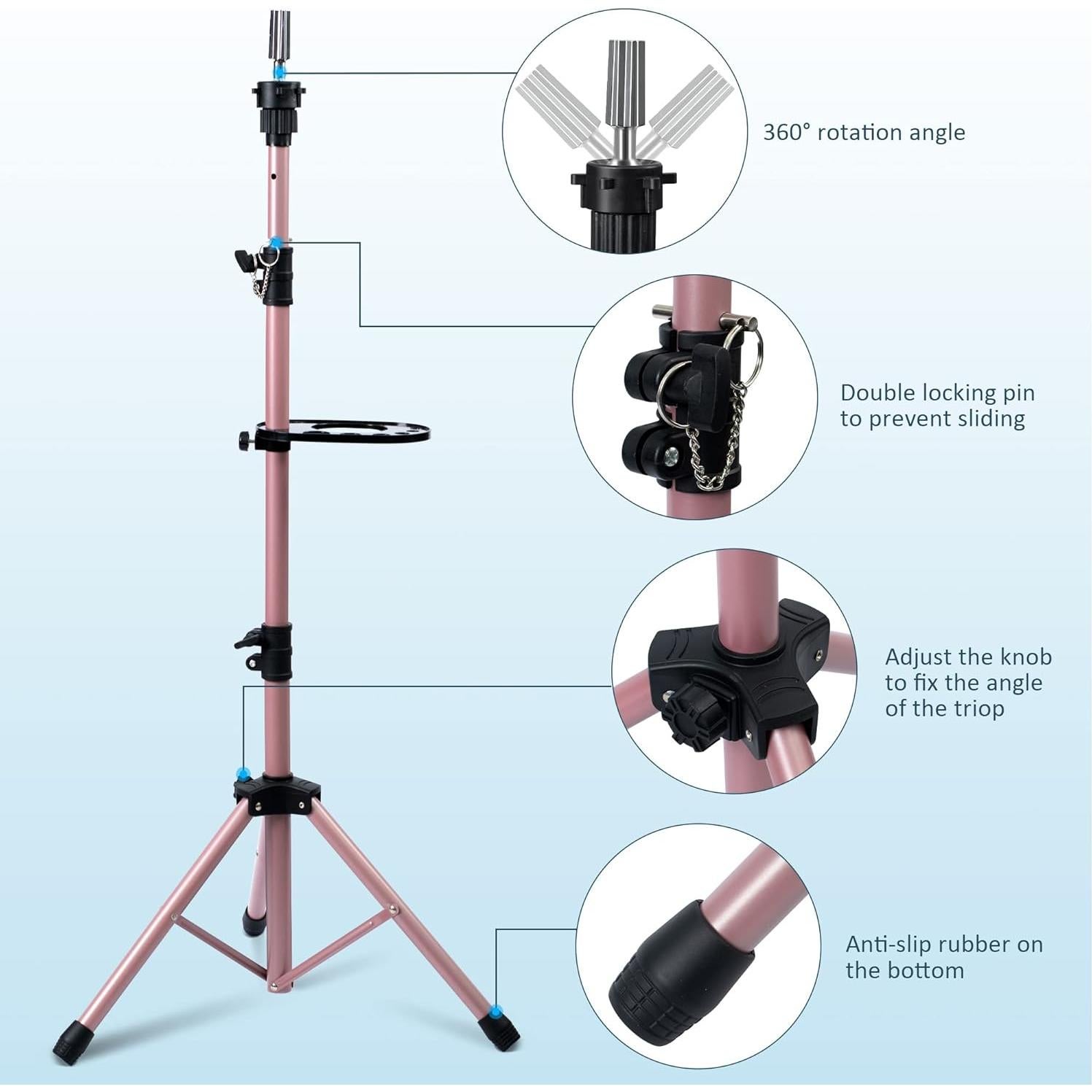 Soporte de Peluca Klvied Tripode Oro Rosa Ajustable 63.5-135.89 cm