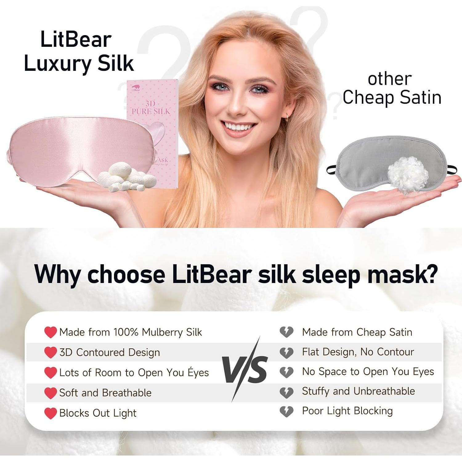 Máscara de Sueño 3D de Seda Morera LitBear - Ajustable, Rosa