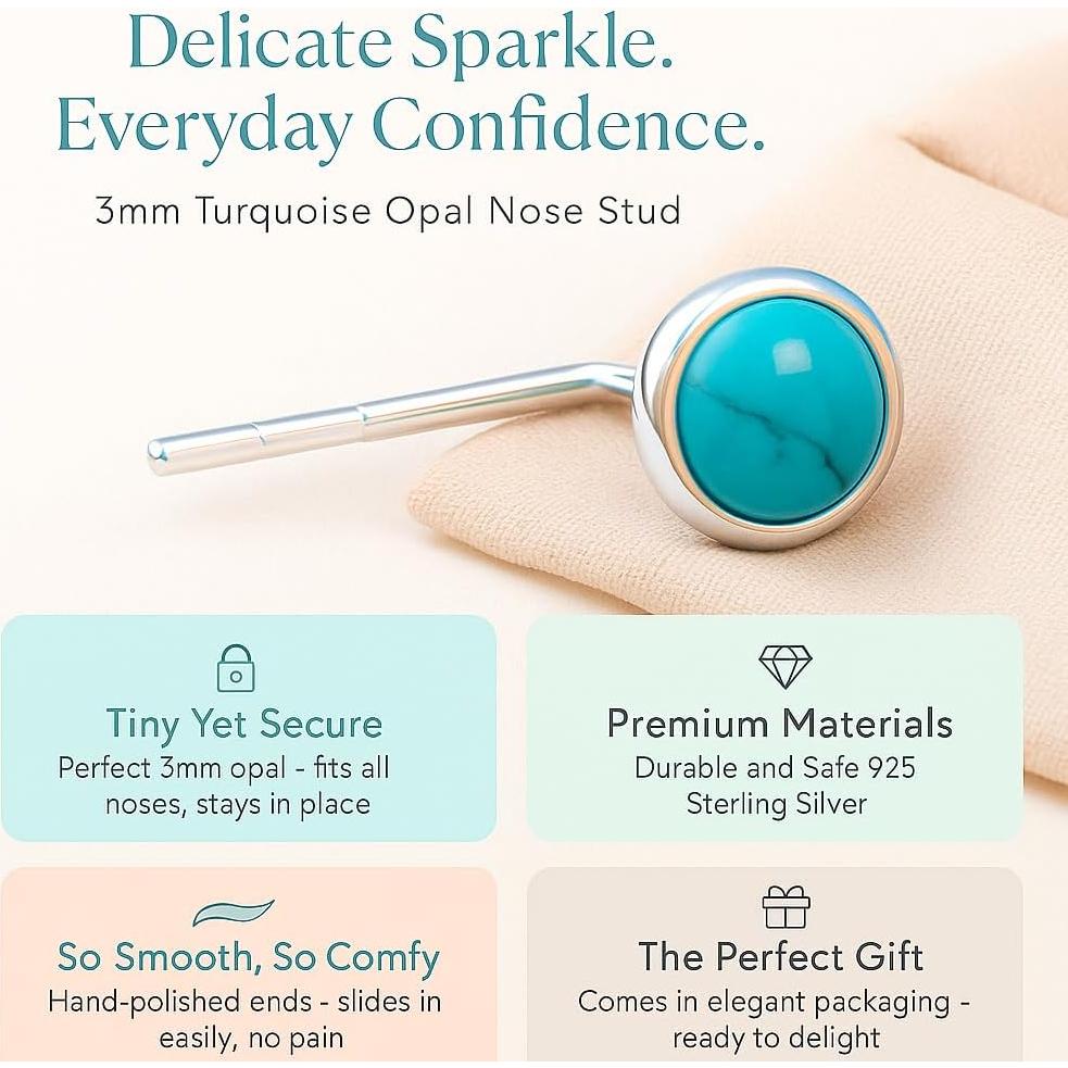 Stud de Nariz de Plata Esterlina 925 con Ópalo Turquesa 3mm