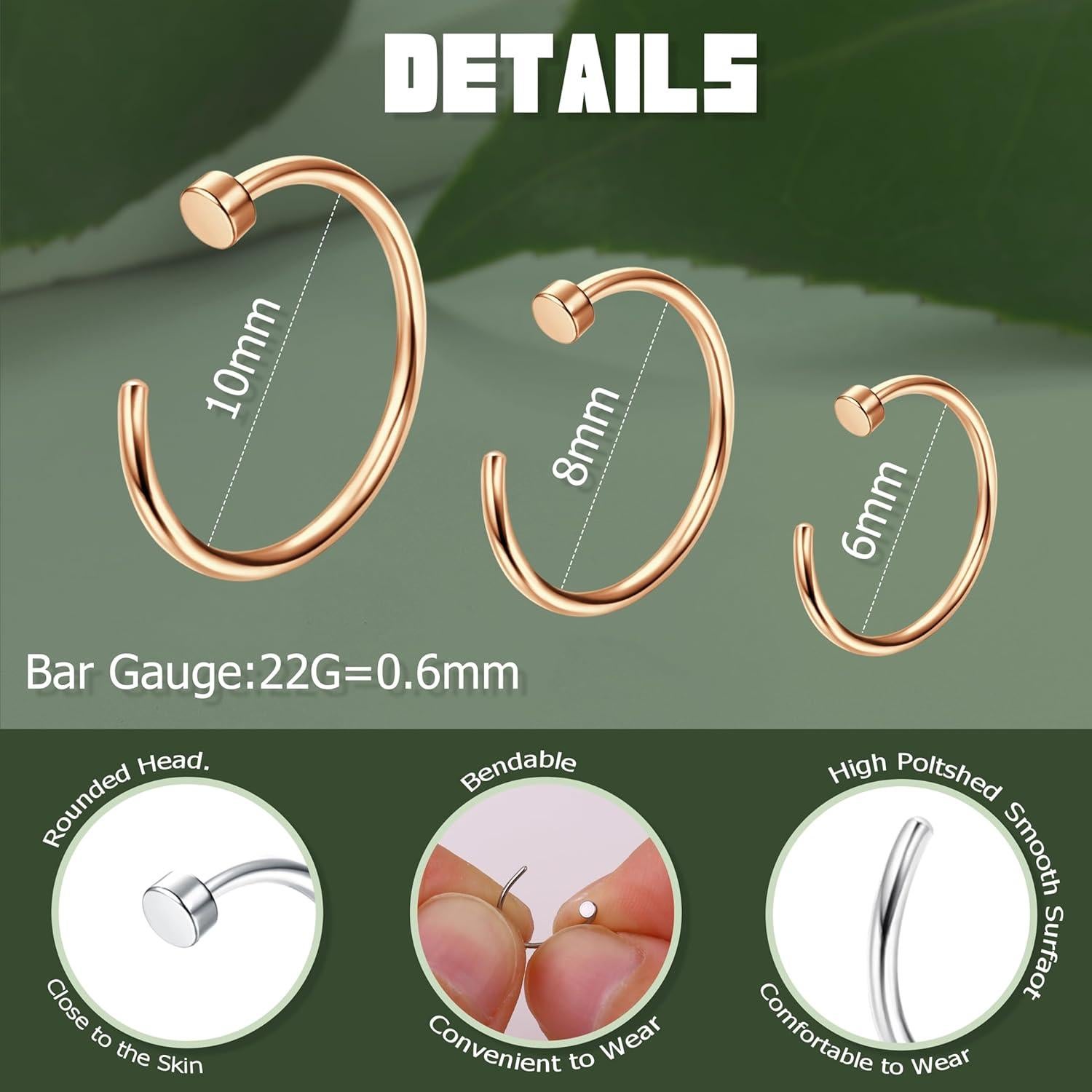 Set de Aros Nasales 22G Milacolato Acero Quirúrgico 18 Piezas