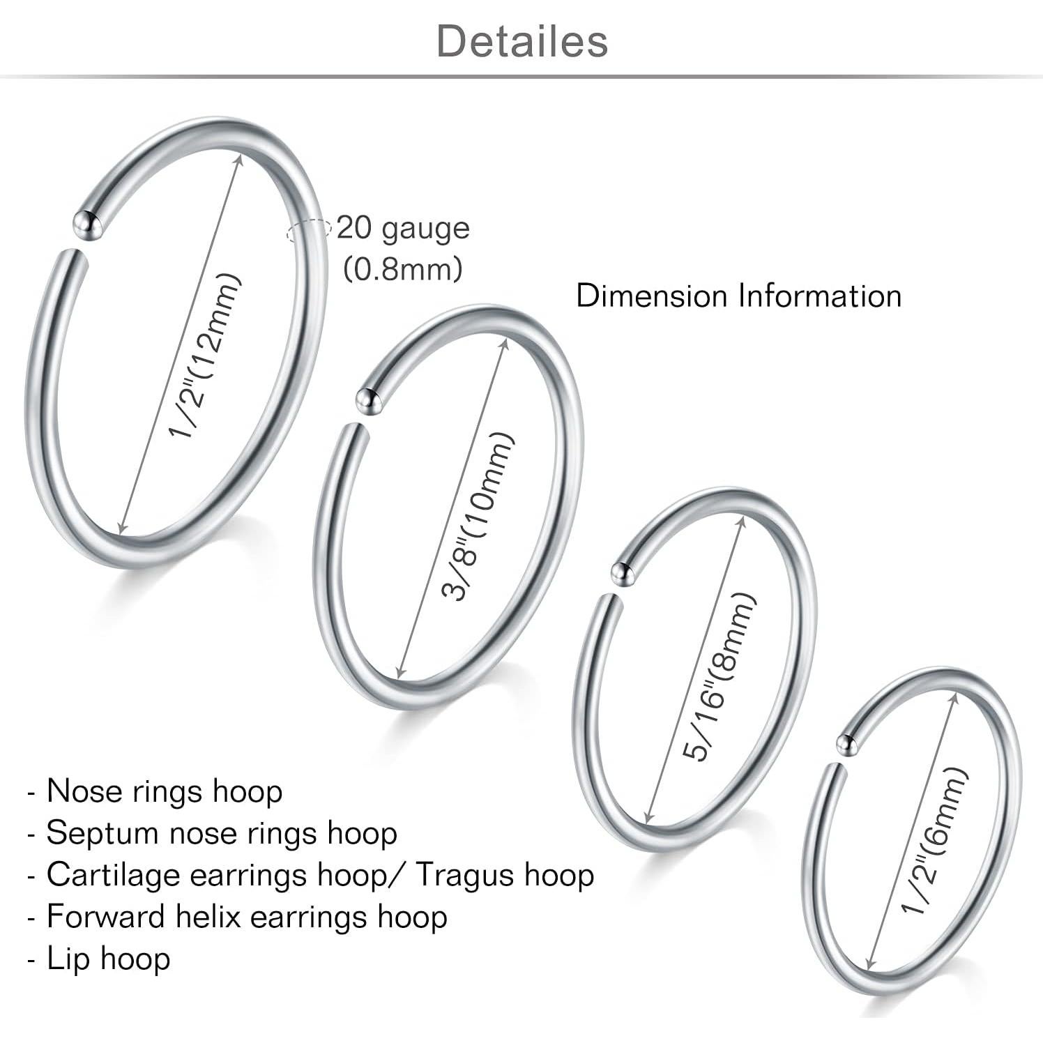Aros Nasales MODRSA 20g Acero Quirúrgico Hipoalergénico 12 Piezas