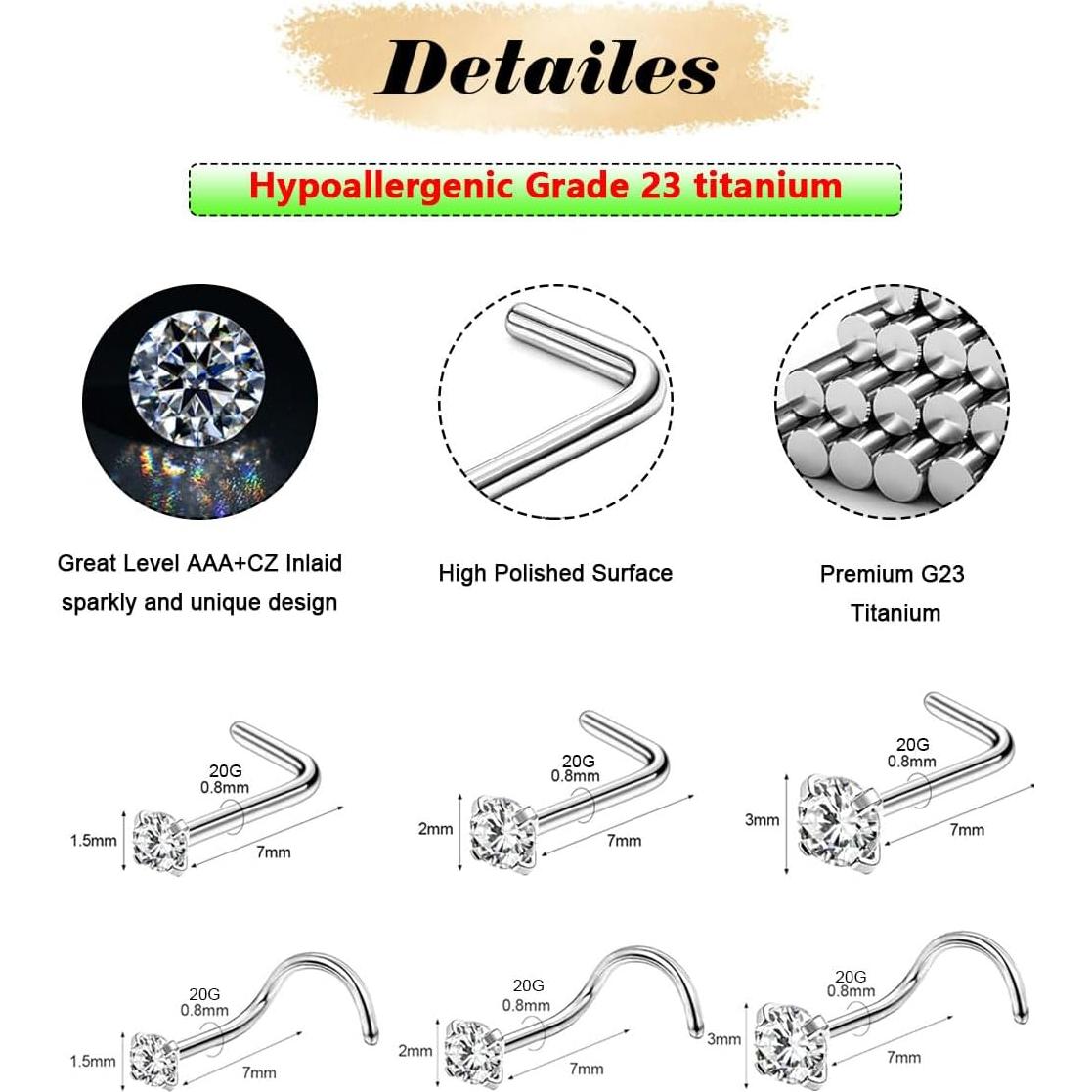 Anillos de Nariz Titanio G23 Hipoalergénicos 9 Piezas