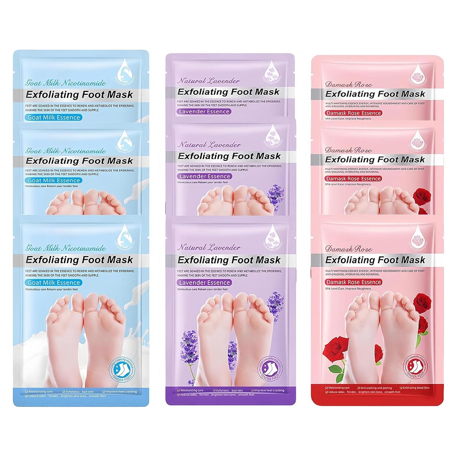 Mascarilla Exfoliante para Pies 9 Paquete ASMAYSA - Rosa, Lavanda, Leche de Cabra