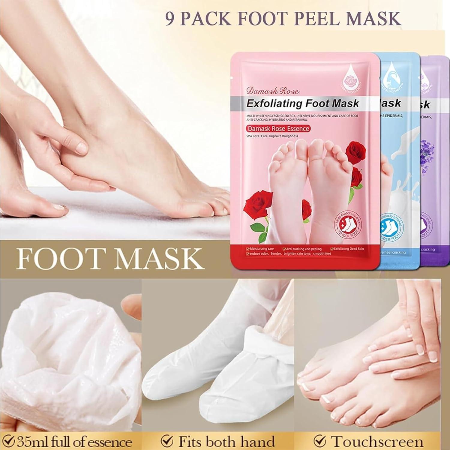 Mascarilla Exfoliante para Pies 9 Paquete ASMAYSA - Rosa, Lavanda, Leche de Cabra